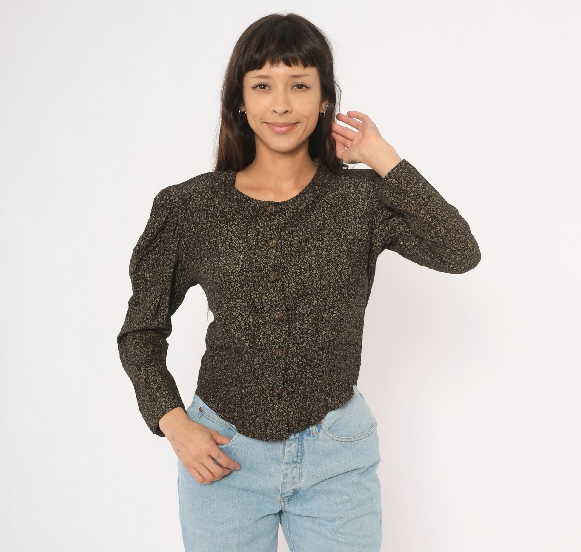 90s Maggie Lawrence Black Gold Ditsy Floral Puff Sleeve Blouse Small S