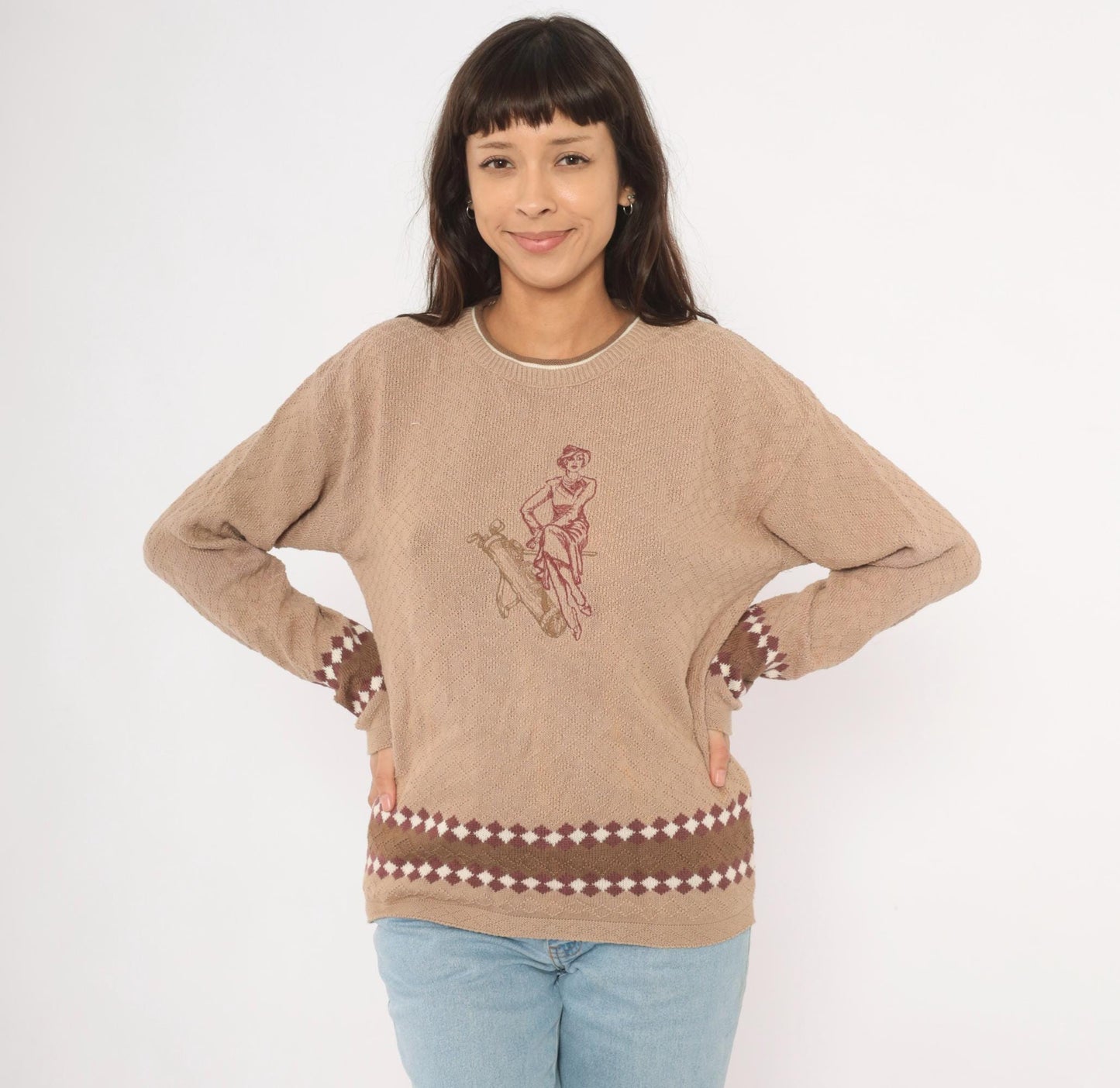80s Pacific Coast Golf Embroidered Argyle Sweater Tan Crewneck Cotton Medium M