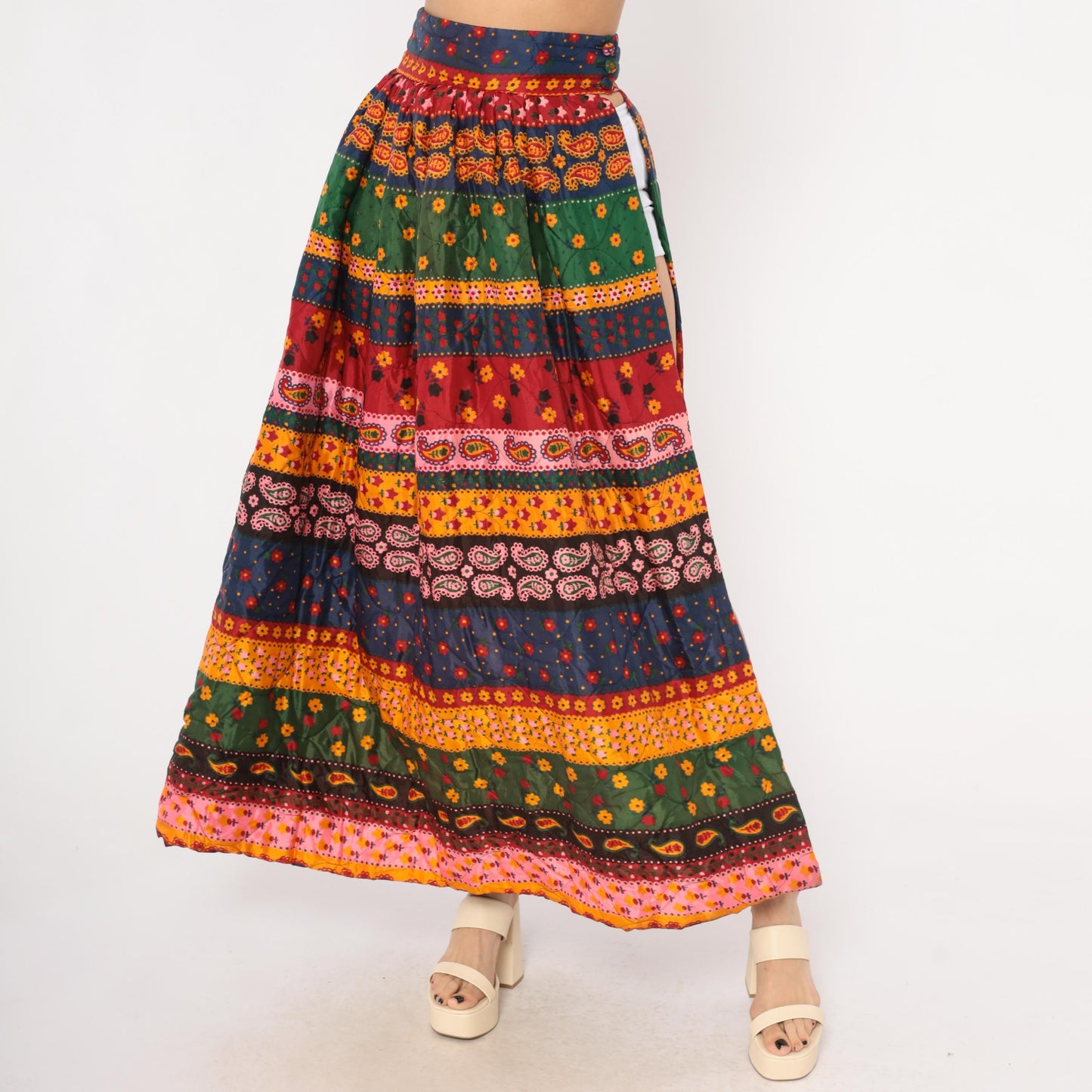70s Best & Co. Paisley Floral Maxi Skirt Button Front High Waist Small