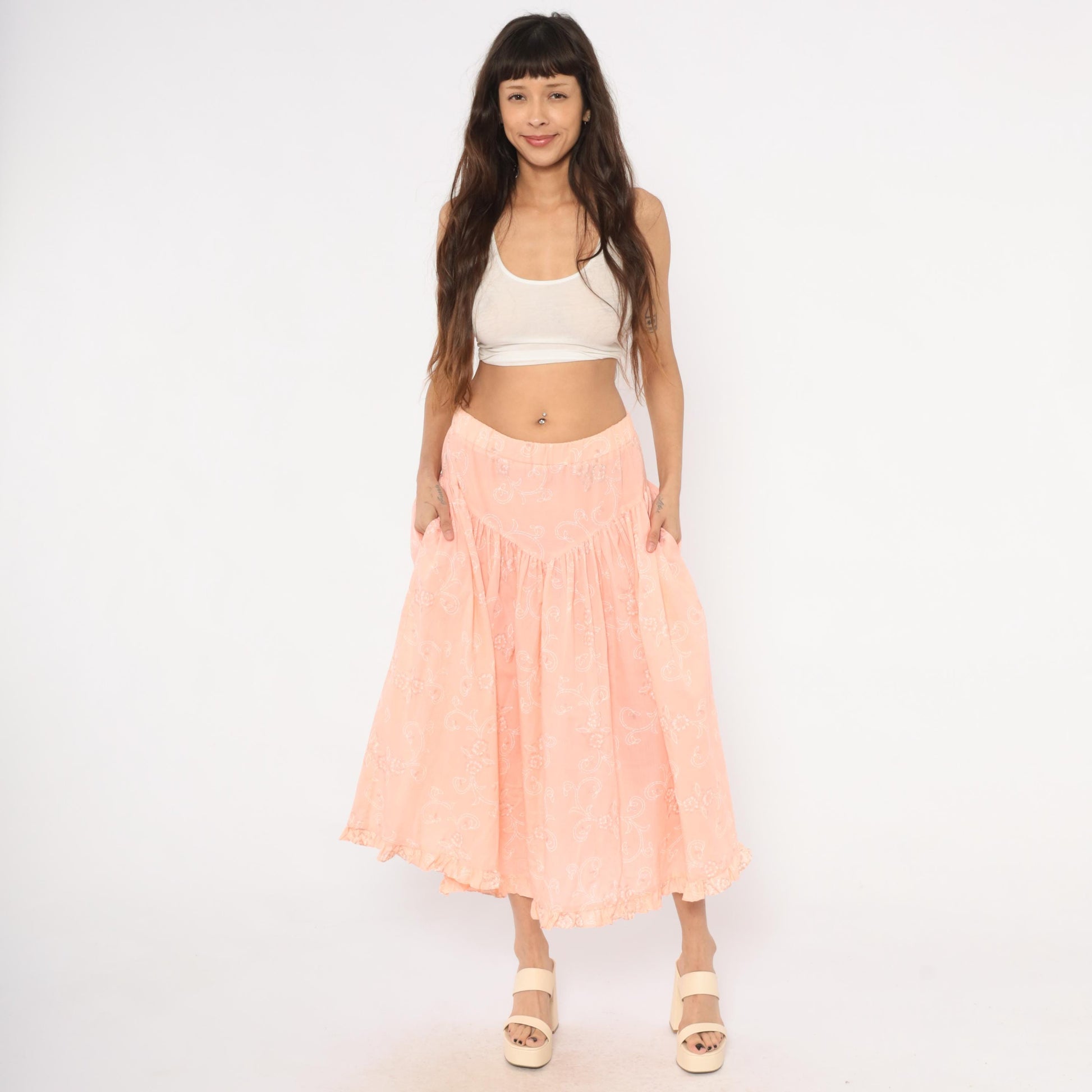 90s California Connection Peach Floral Midi Skirt Ruffled Hem Medium M