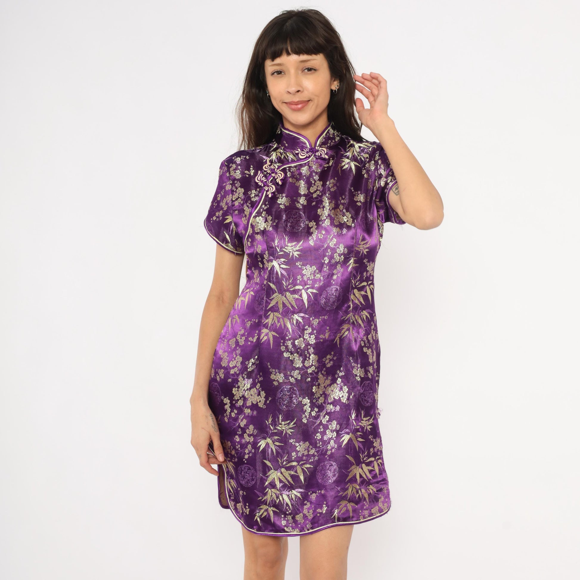 2000s Purple Gold Brocade Cheongsam Mandarin Collar Cap Sleeve Mini Small S