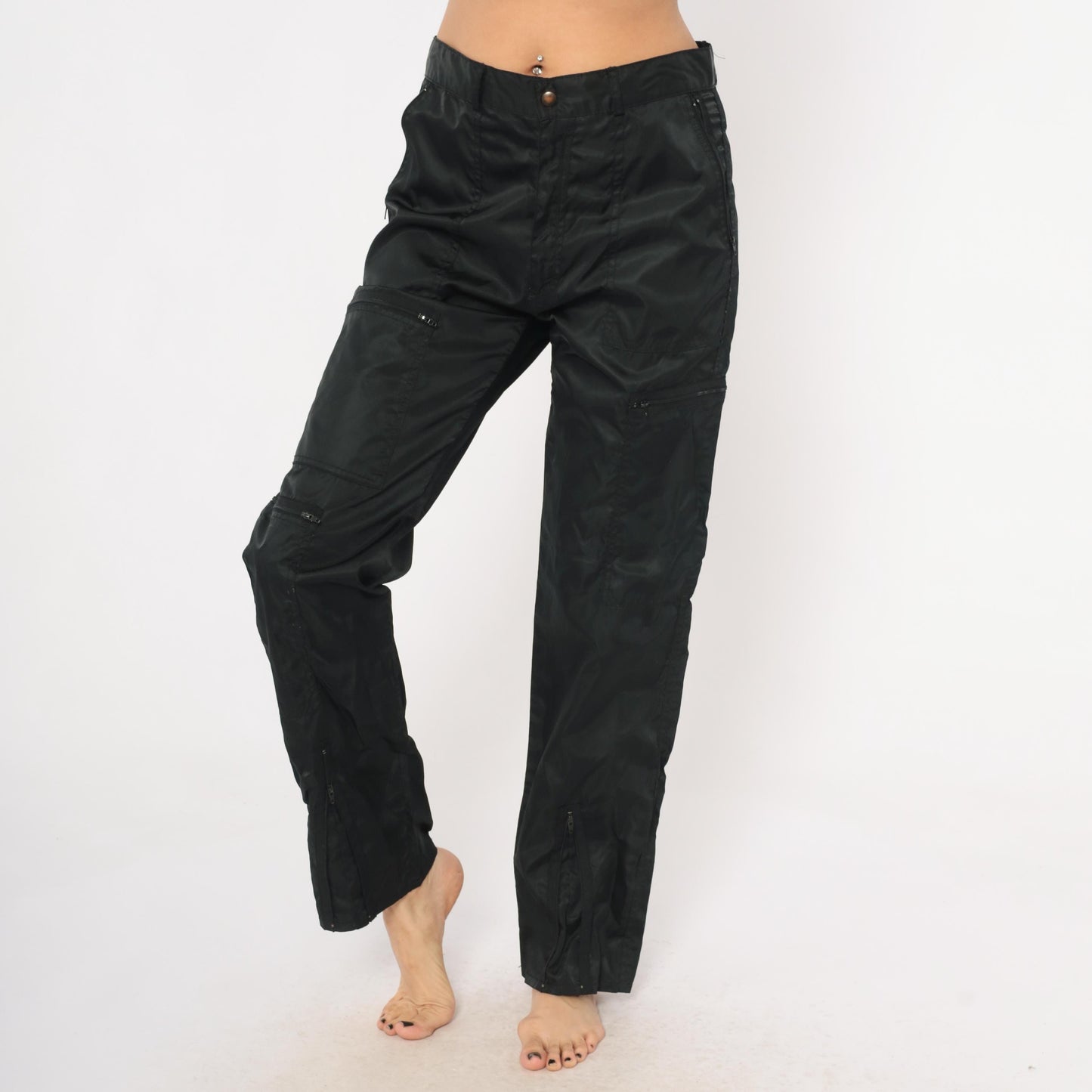 Y2K Black Nylon Cargo Pants Graffiti Low Rise Straight Leg Utility 32 Medium