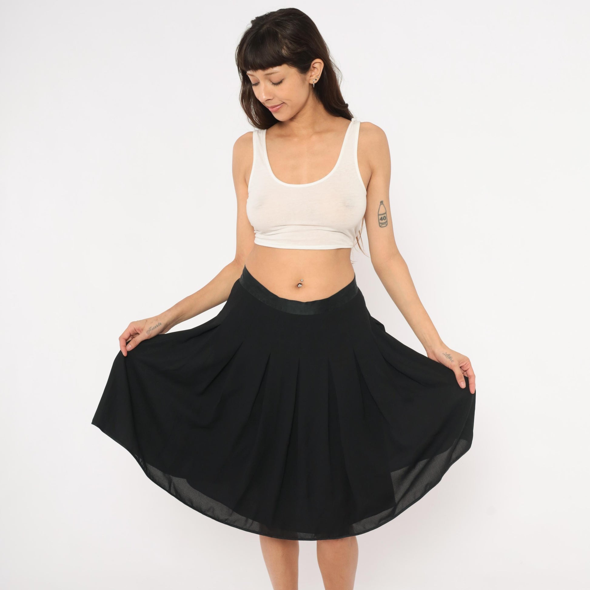 90s Liz Claiborne Black Pleated Knee Skirt A-Line Satin Waistband Large L
