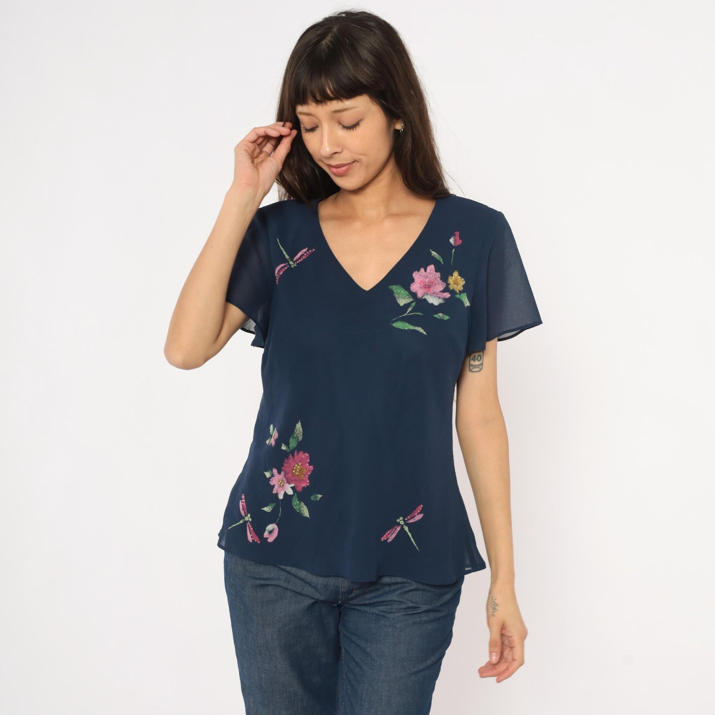 90s Karin Stevens Navy Floral Dragonfly Chiffon Blouse Flutter Sleeve Large L