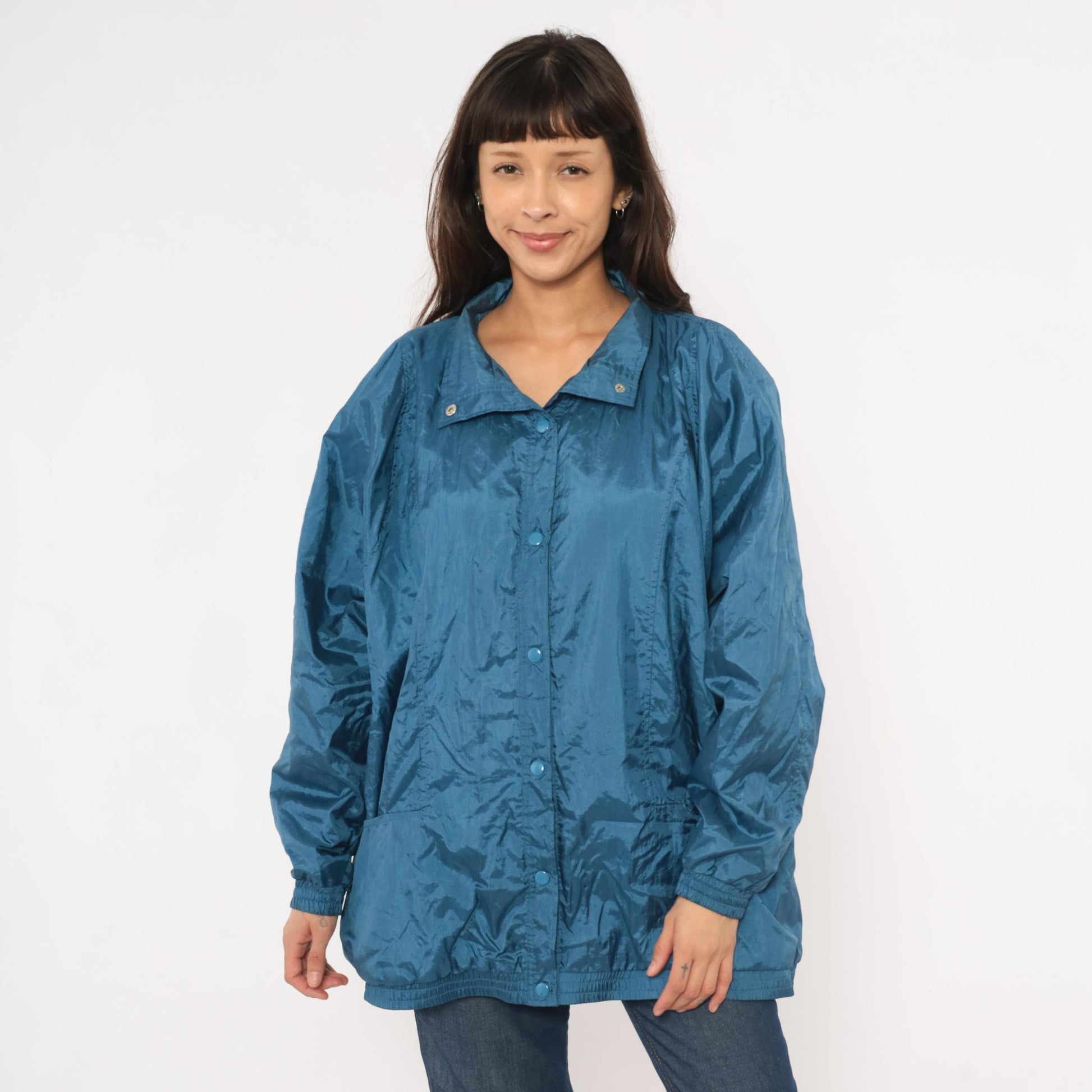80s Tudor Court Windbreaker Jacket Steel Blue Nylon Coach Coat Large L