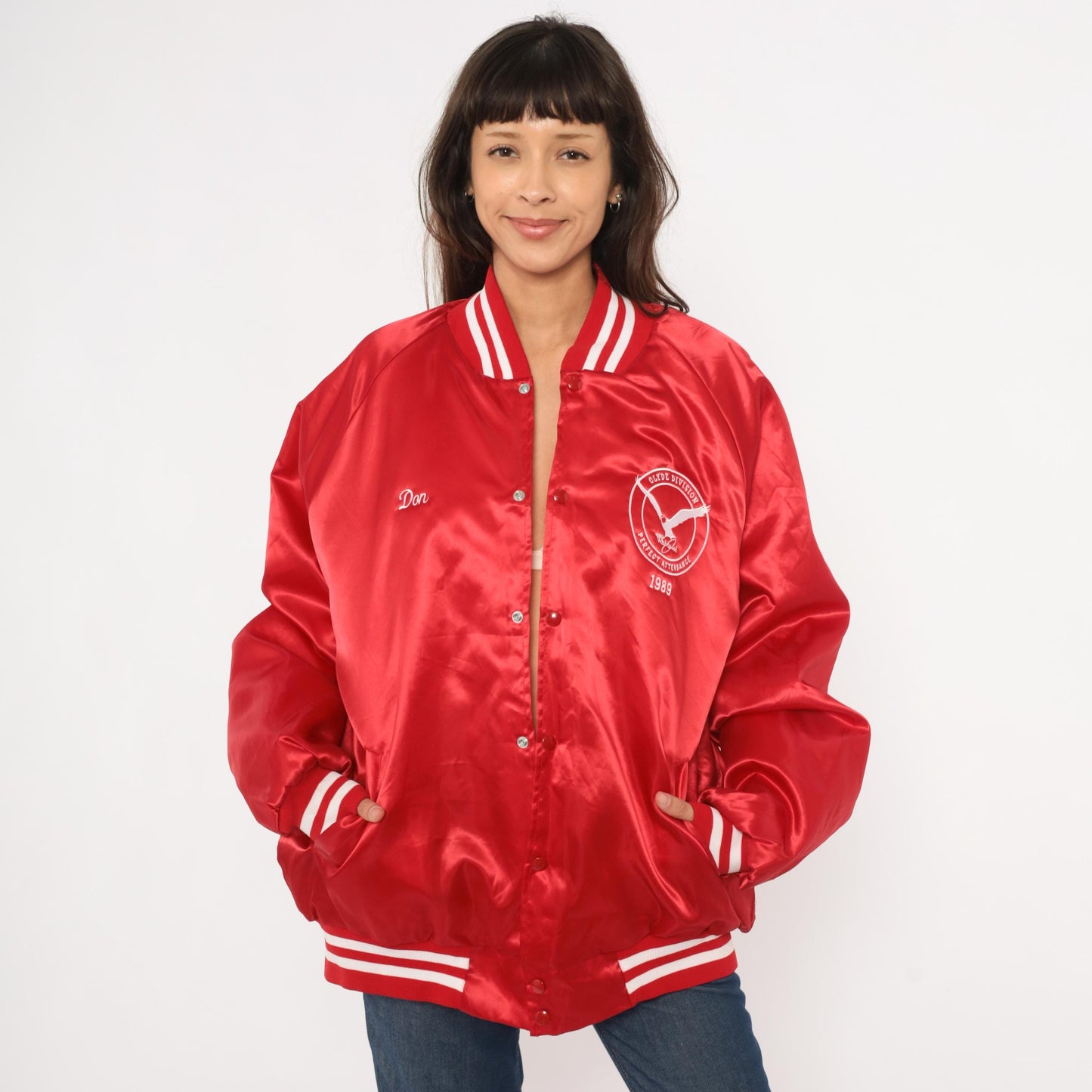 80s Red Satin Bomber Jacket Eagle Embroidered Snap Button Quilted Lining Plus Size 3XL