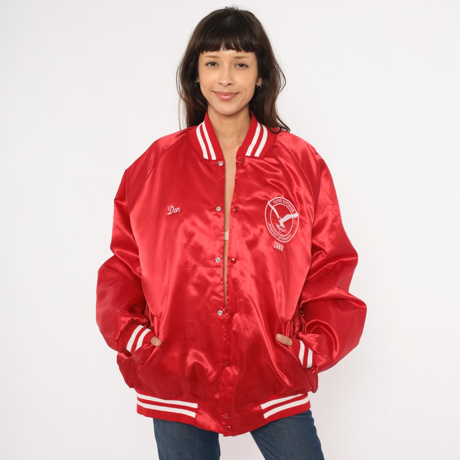 80s Red Satin Bomber Jacket Eagle Embroidered Snap Button Quilted Lining Plus Size 3XL
