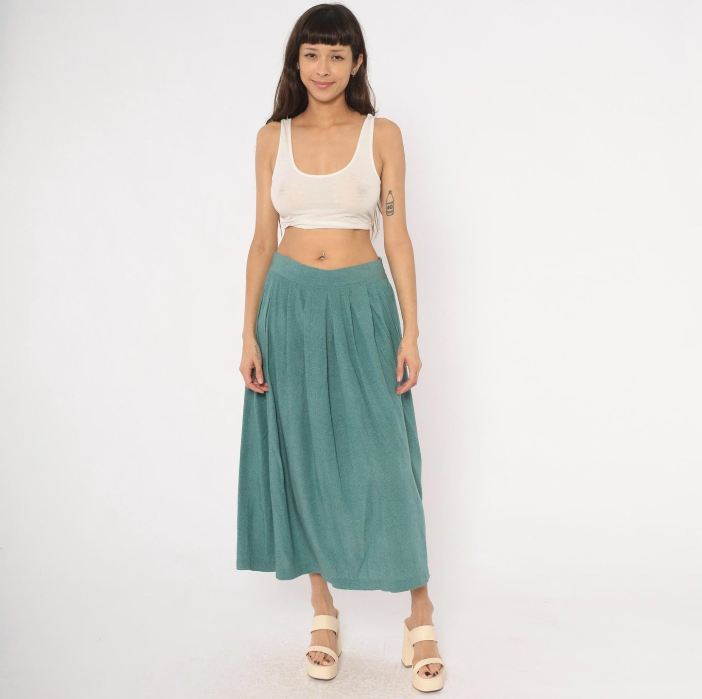 80s Norton Mcnaughton Teal Pleated Midi Skirt High Waist A-Line Medium