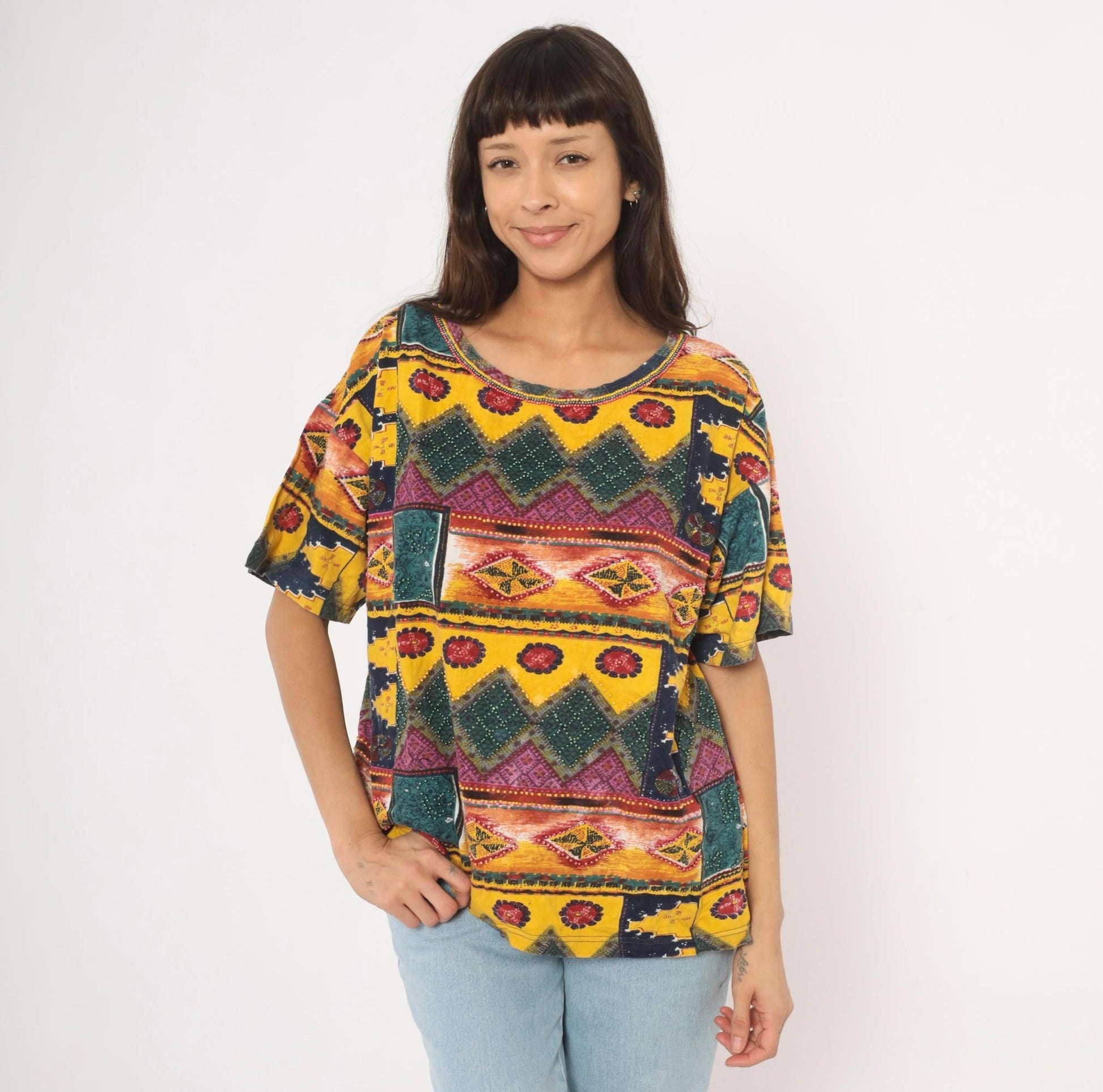 90s Gee J Southwestern Geometric Cotton Tee Multicolor Tribal Patchwork Large L
