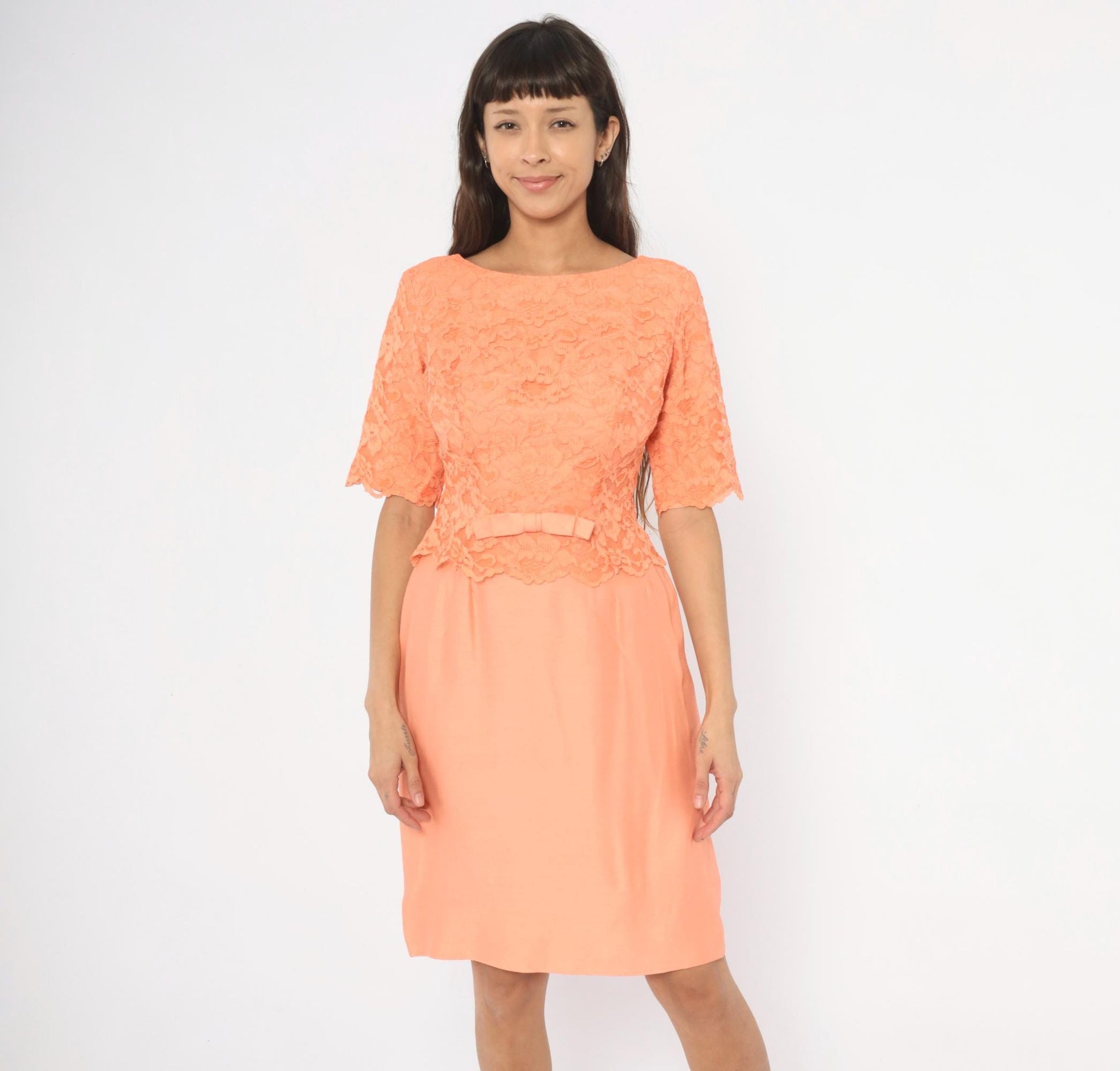 60s Sylvia Ann Peach Lace Peplum Dress Scalloped Half Sleeve Medium