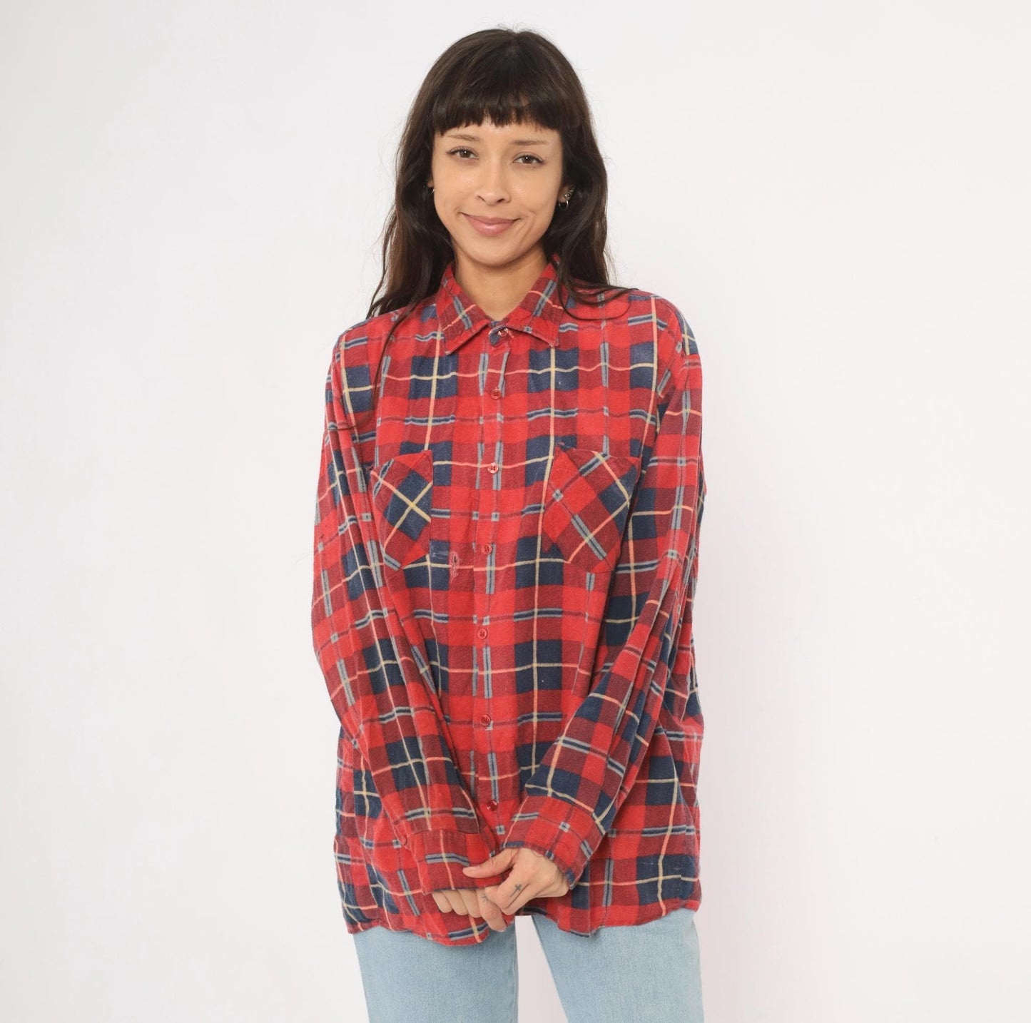 90s Saugatuck Red Navy Plaid Flannel Shirt Cotton Point Collar Extra Large XL