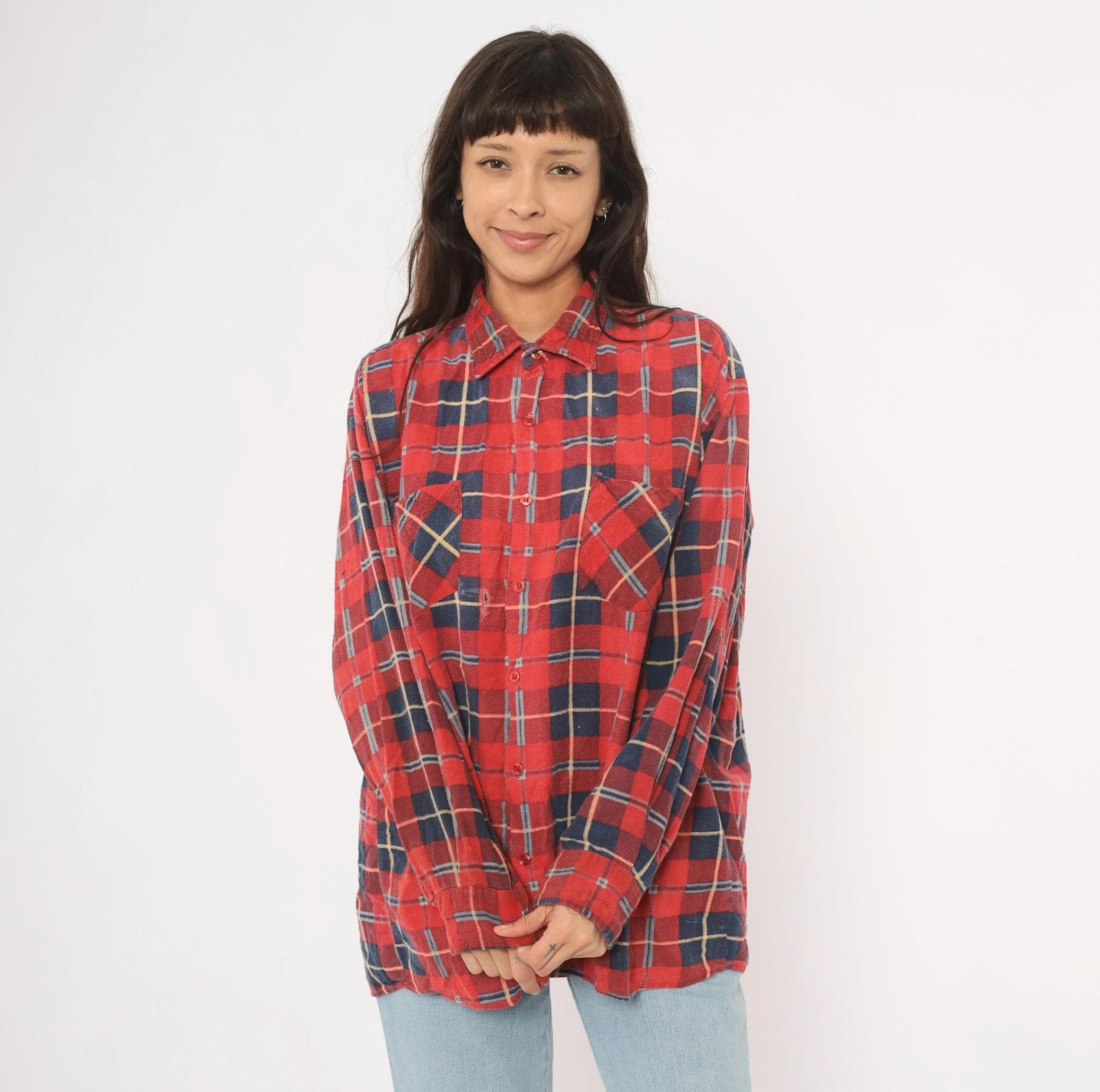 90s Saugatuck Red Navy Plaid Flannel Shirt Cotton Point Collar Extra Large XL