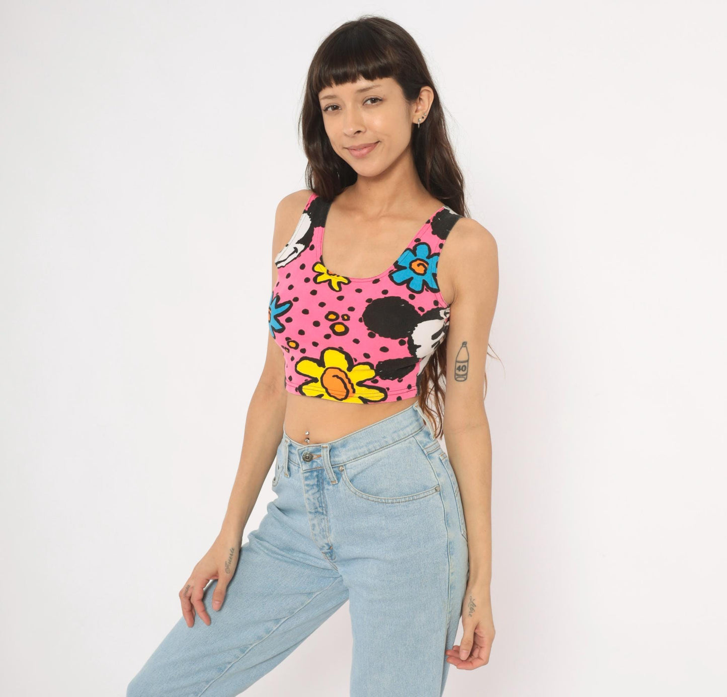 90s Mickey & Co Crop Tank Top Pink Floral Polka Dot Small S