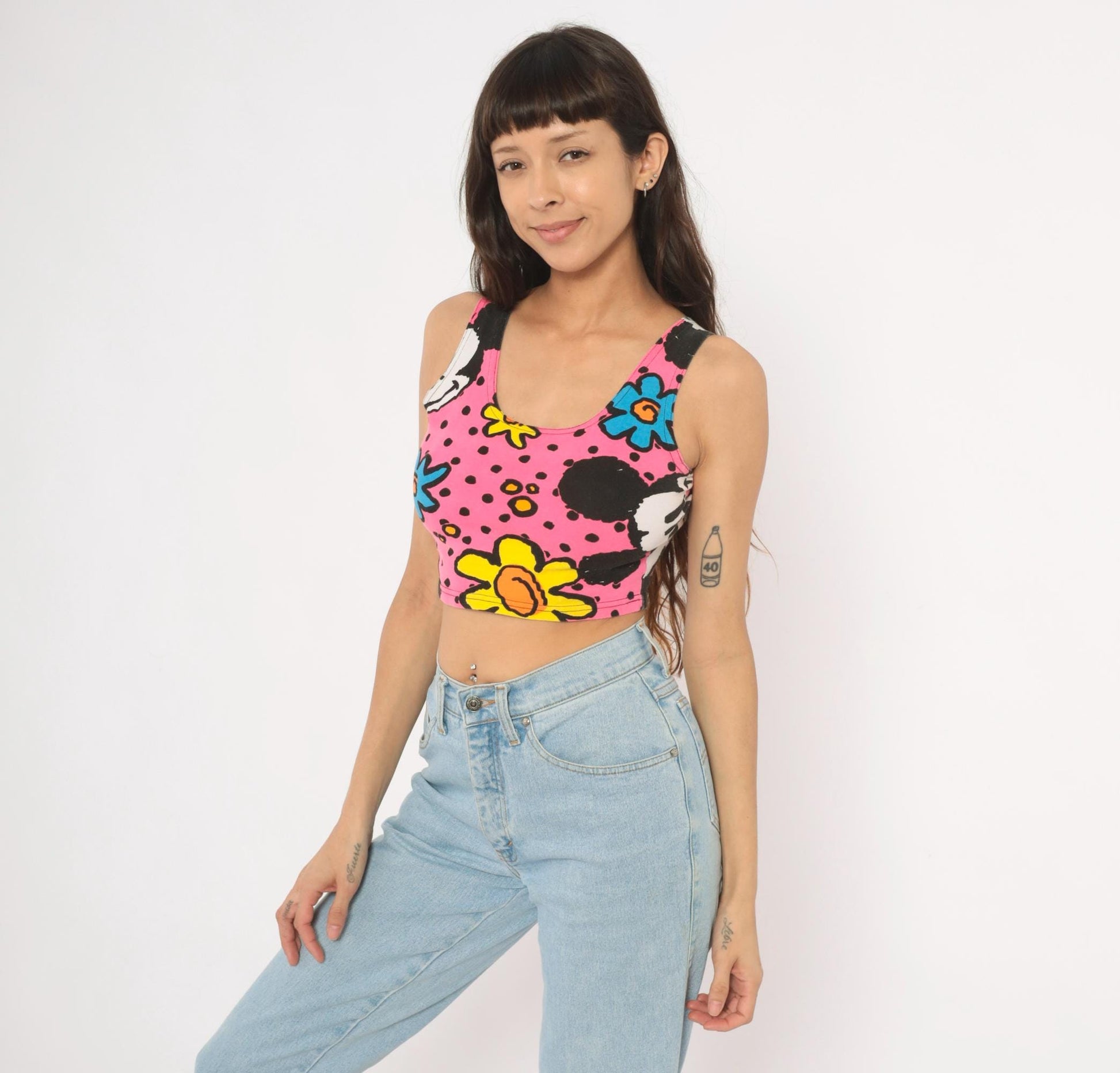 90s Mickey & Co Crop Tank Top Pink Floral Polka Dot Small S