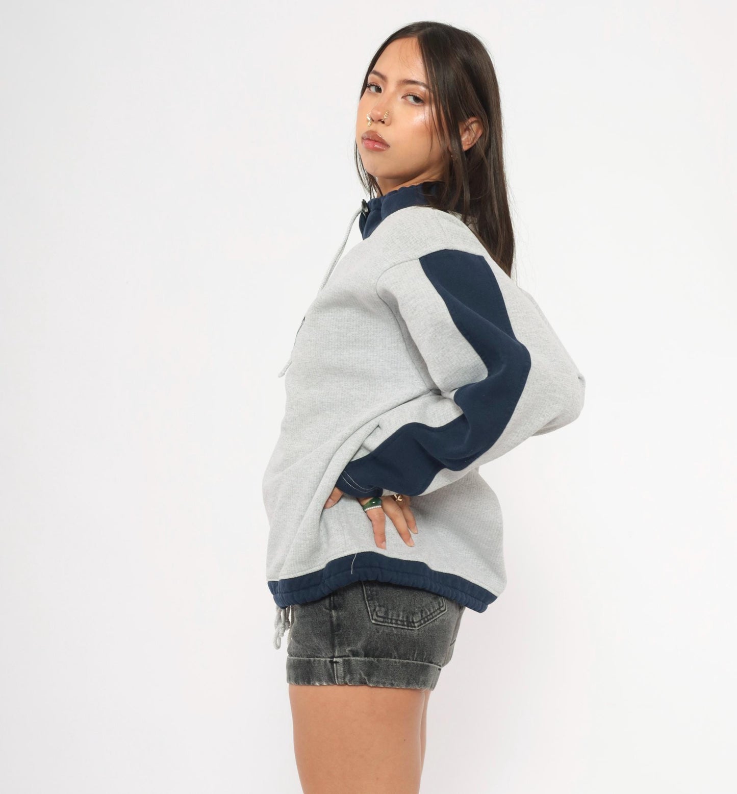 90s Renegade Club Okoboji Colorblock Sweatshirt Grey Navy Funnel Neck Large L