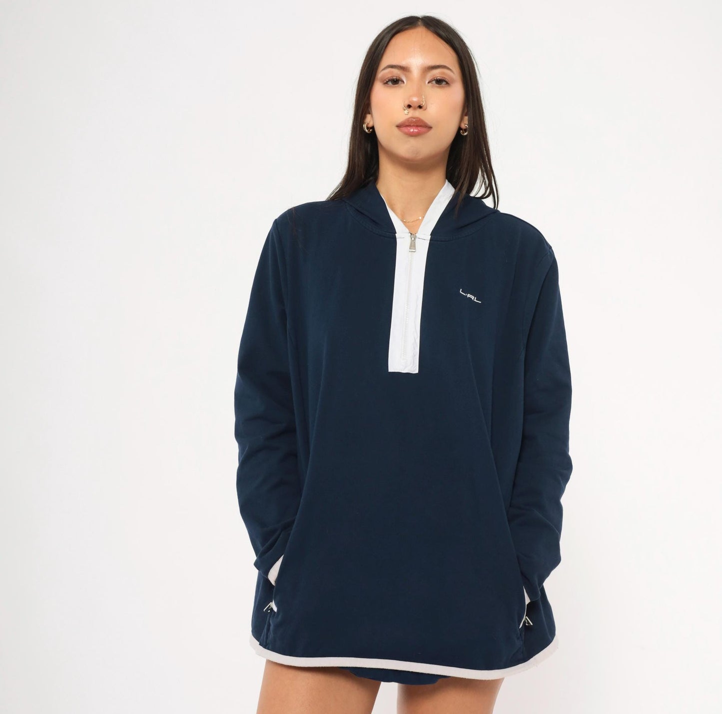 Y2K Ralph Lauren Active Half Zip Hoodie Navy Cotton Plus Size XXL