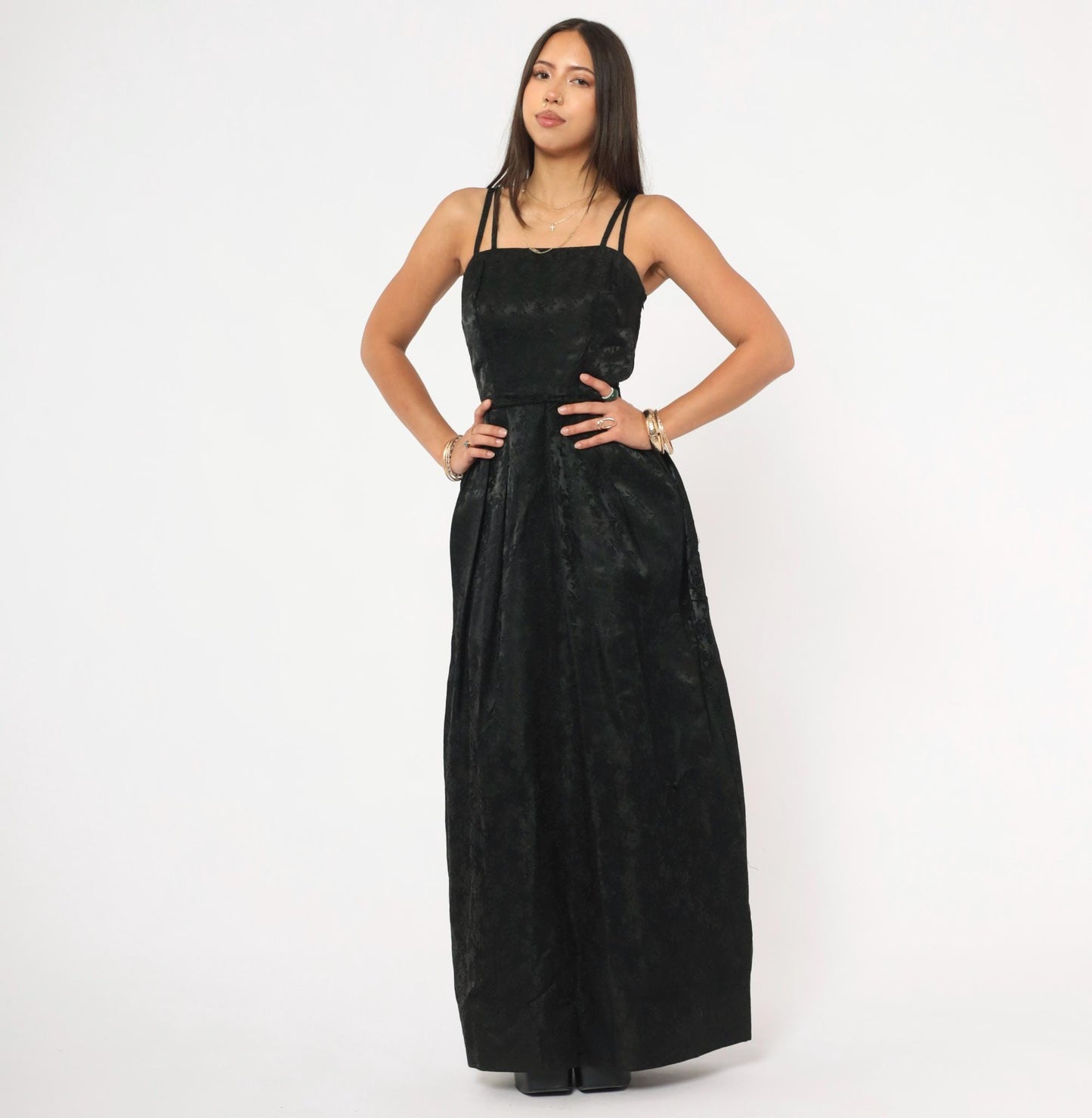 90s Black Jacquard Maxi Gown Double Strap Floral Brocade Floor Length Extra Small XS