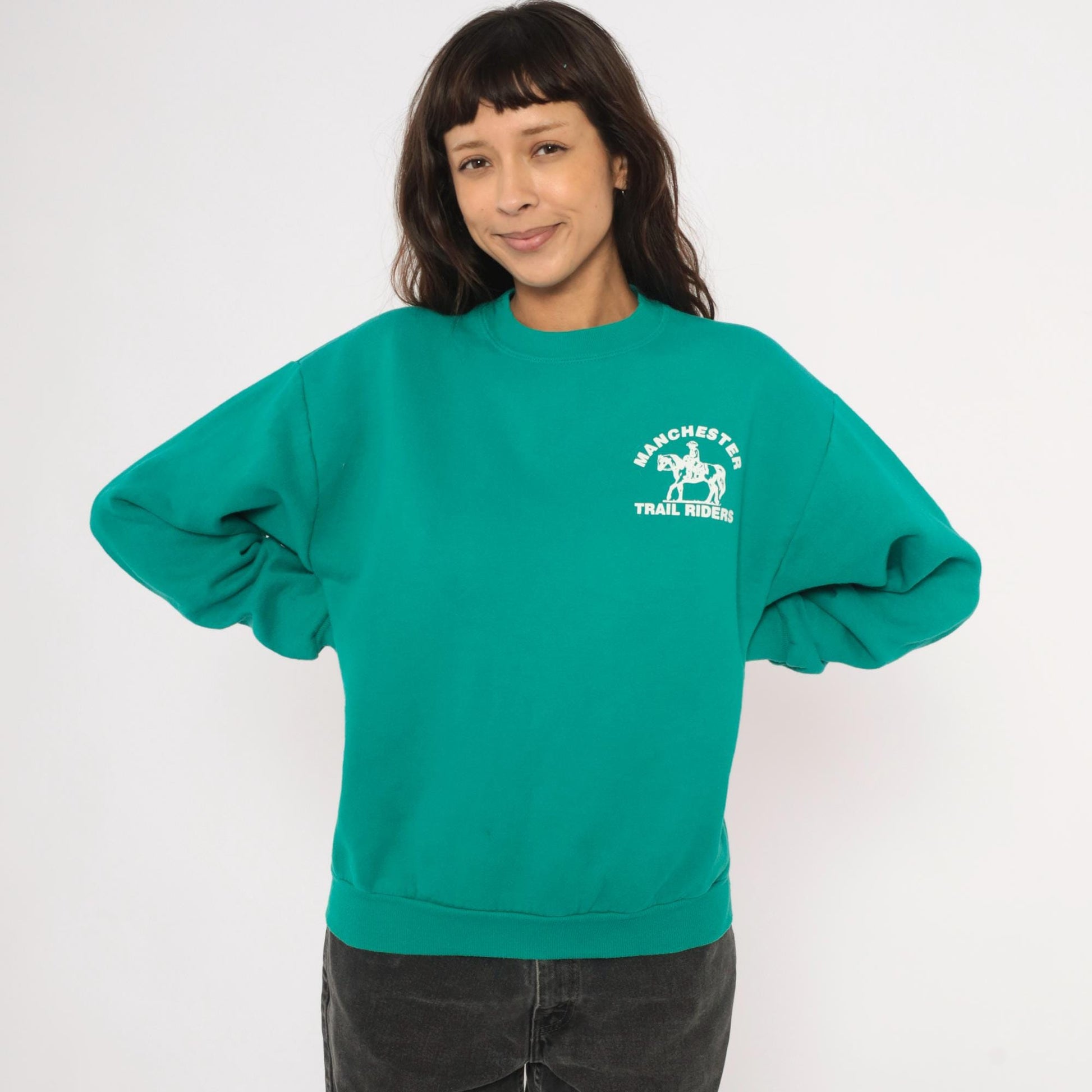 90s Jerzees Manchester Trail Riders Equestrian Sweatshirt Teal Cotton Medium M