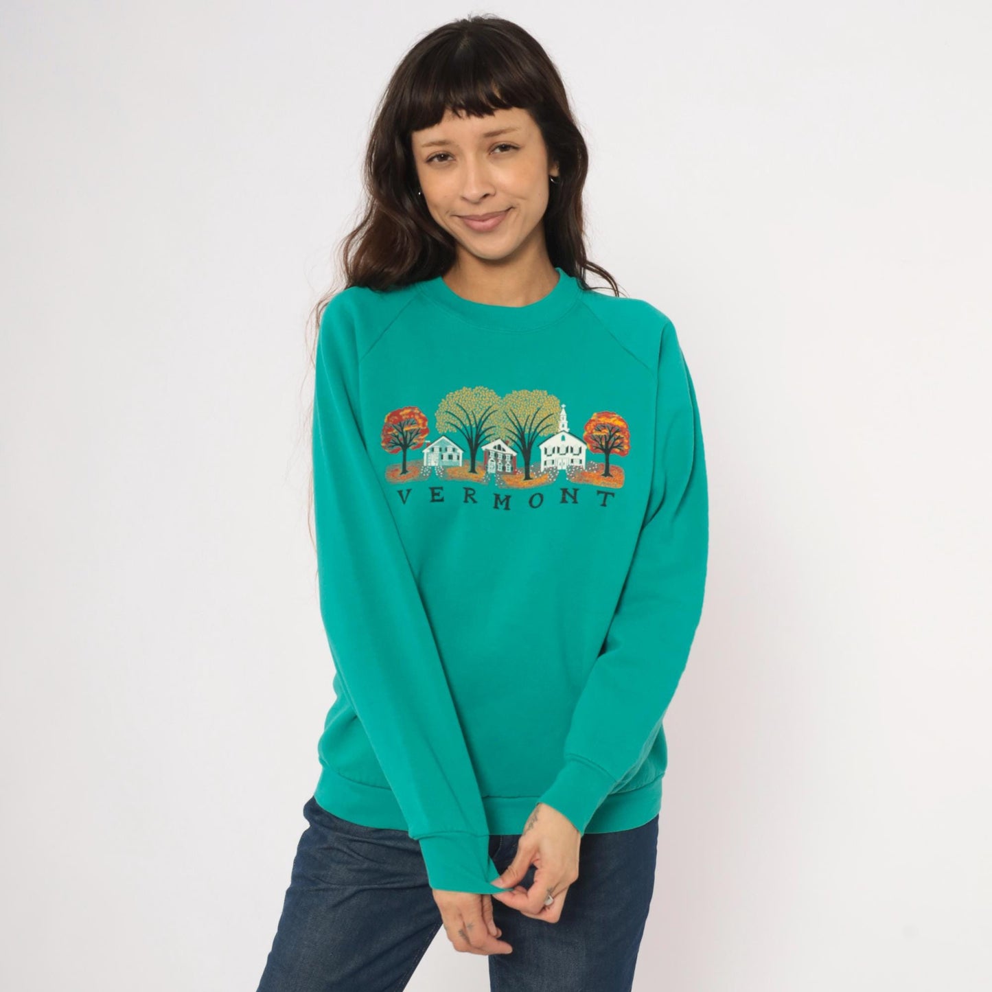 90s Vermont Autumn Village Teal Crewneck Sweatshirt Cotton Graphic Large L