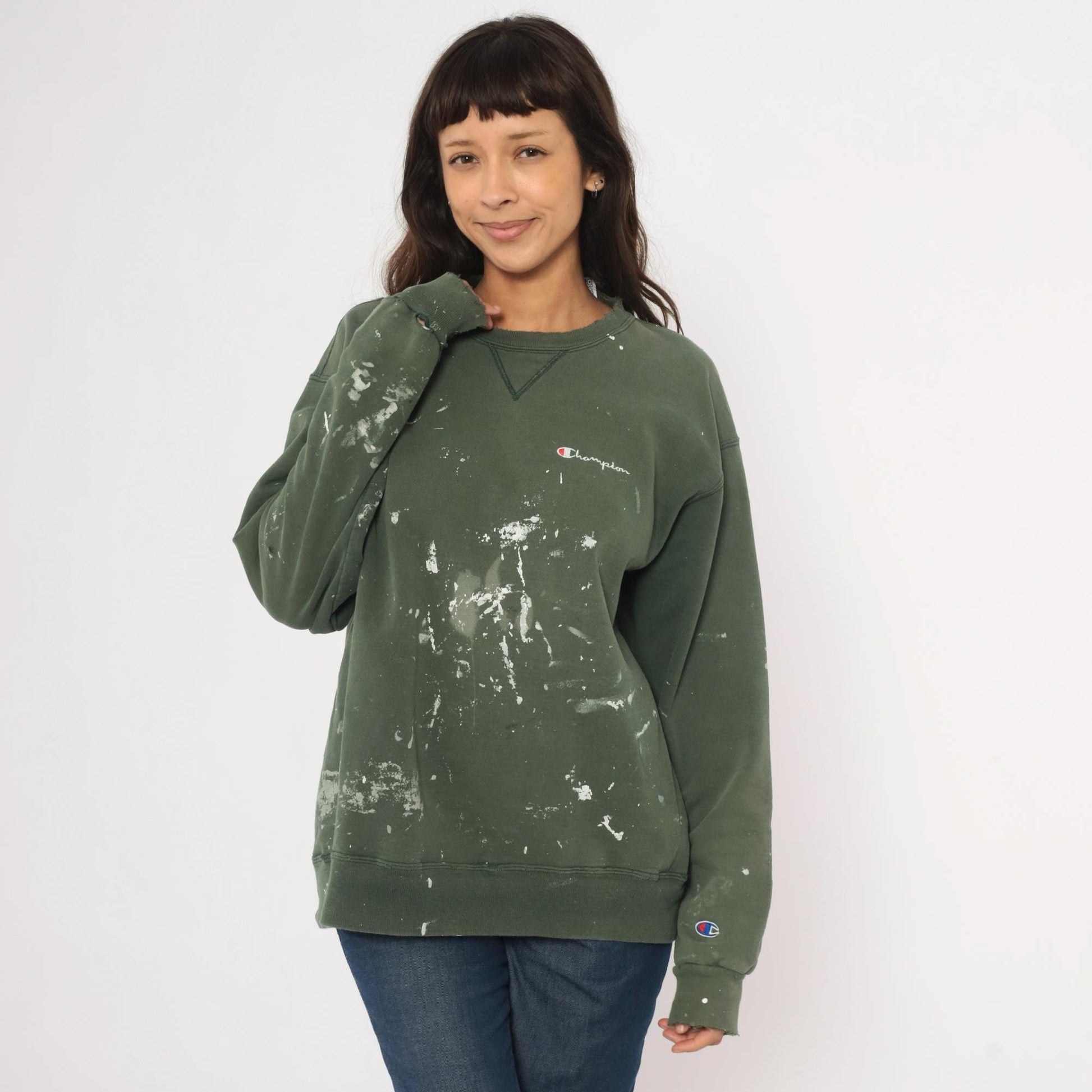 Champion Olive Green Crewneck Sweatshirt Paint Splatter 2000s Extra Large XL