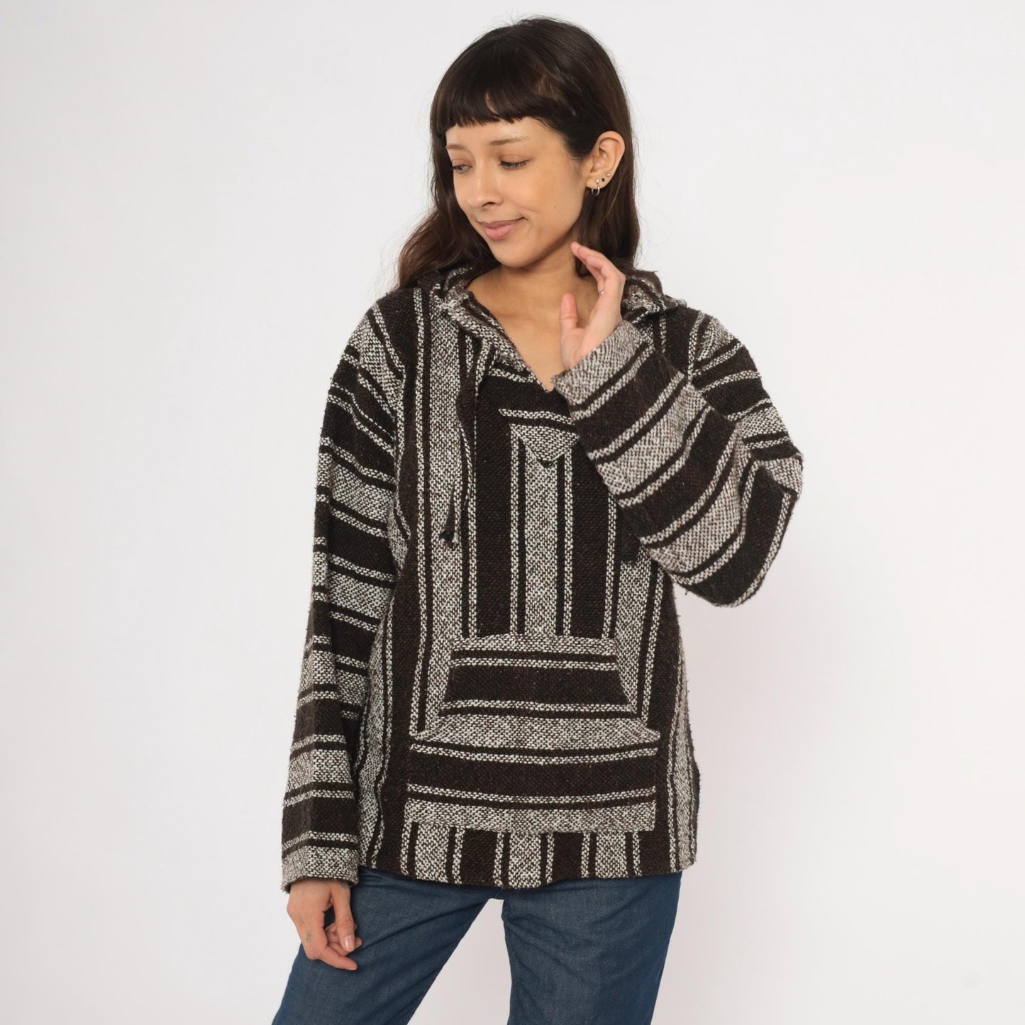 90s Sandy Baja Hoodie Brown White Striped Woven Pullover Medium