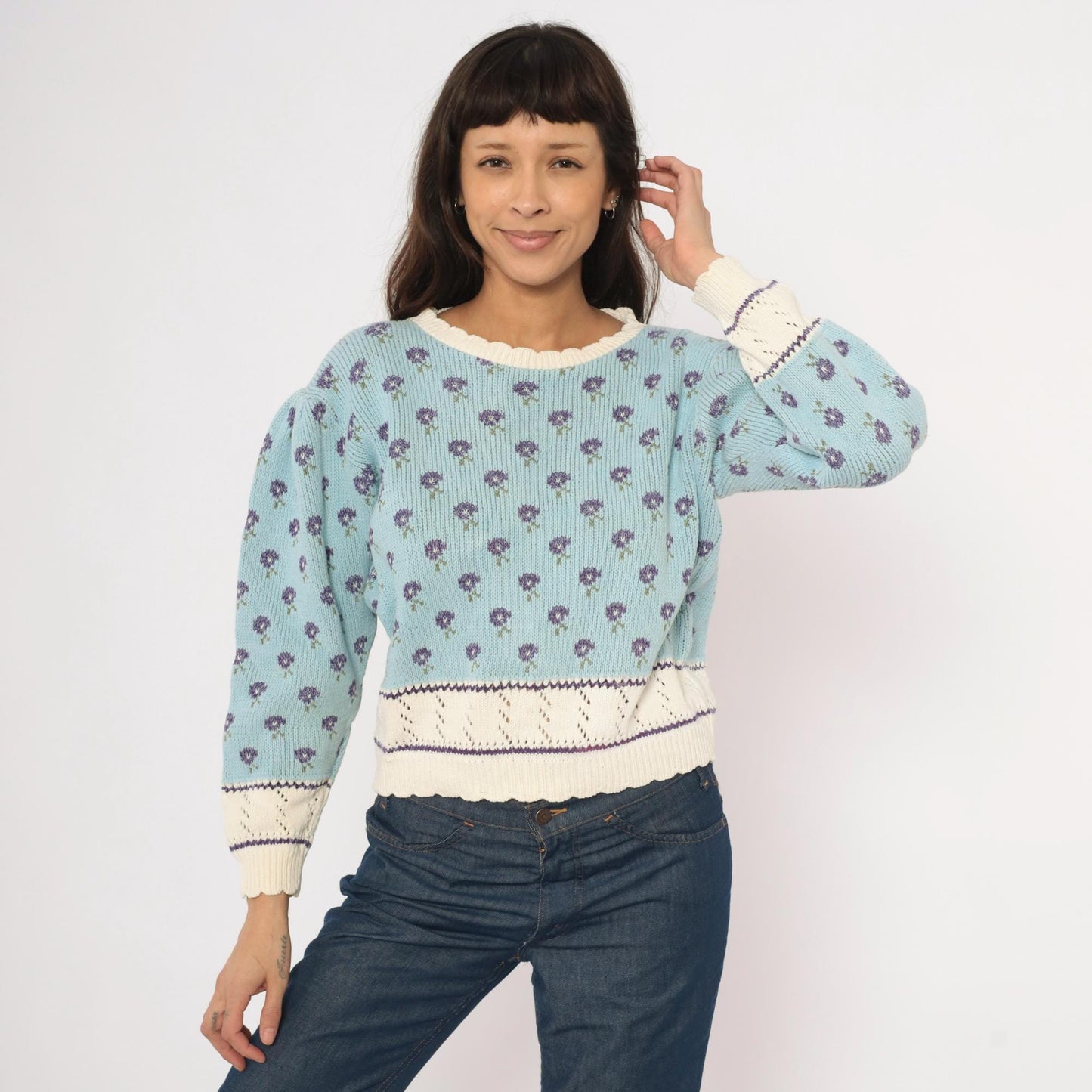 80s Light Blue Floral Knit Sweater Puff Sleeve Pointelle Trim Cotton Medium