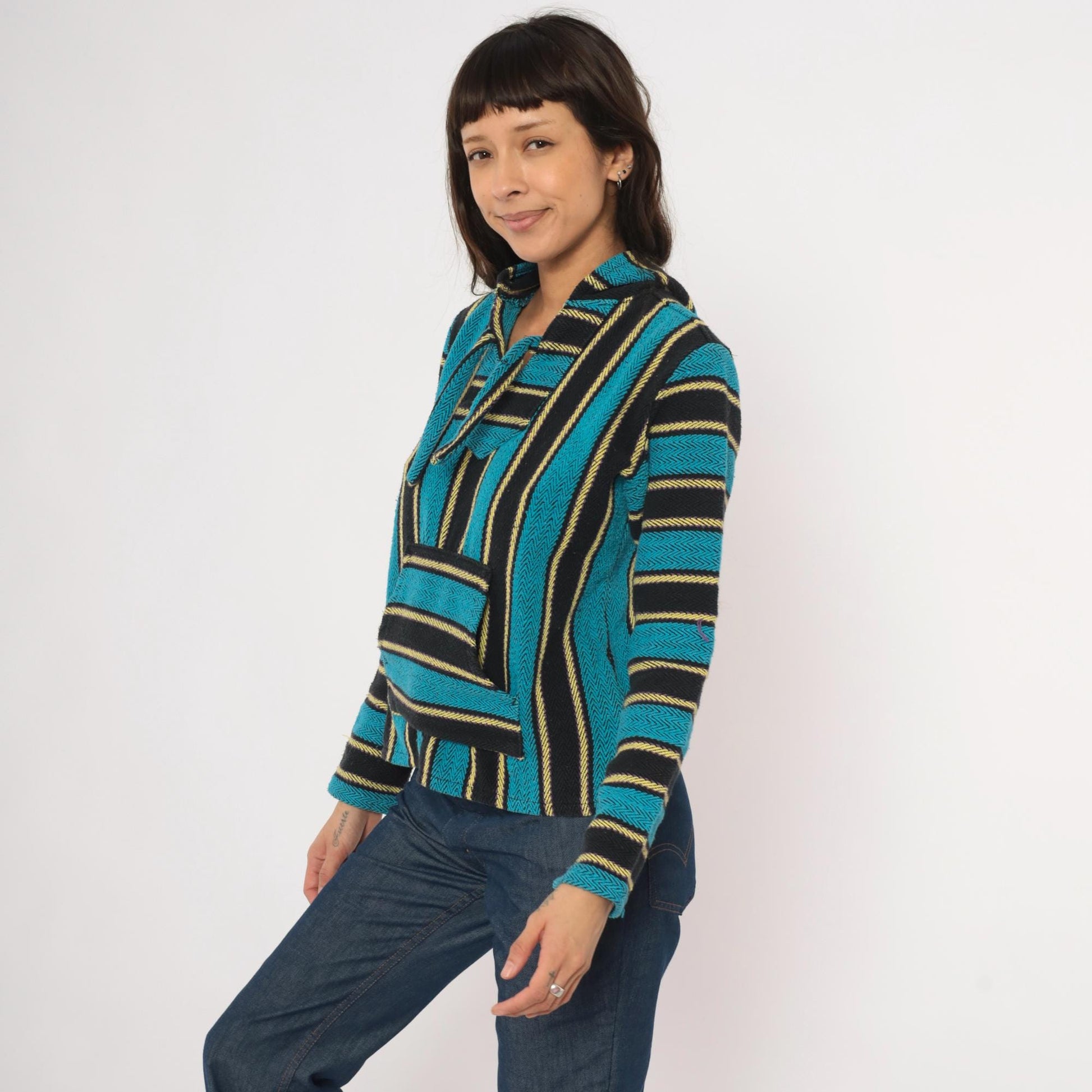 2000s Señor Lopez Baja Hoodie Teal Black Gold Striped Pullover Extra Small XS