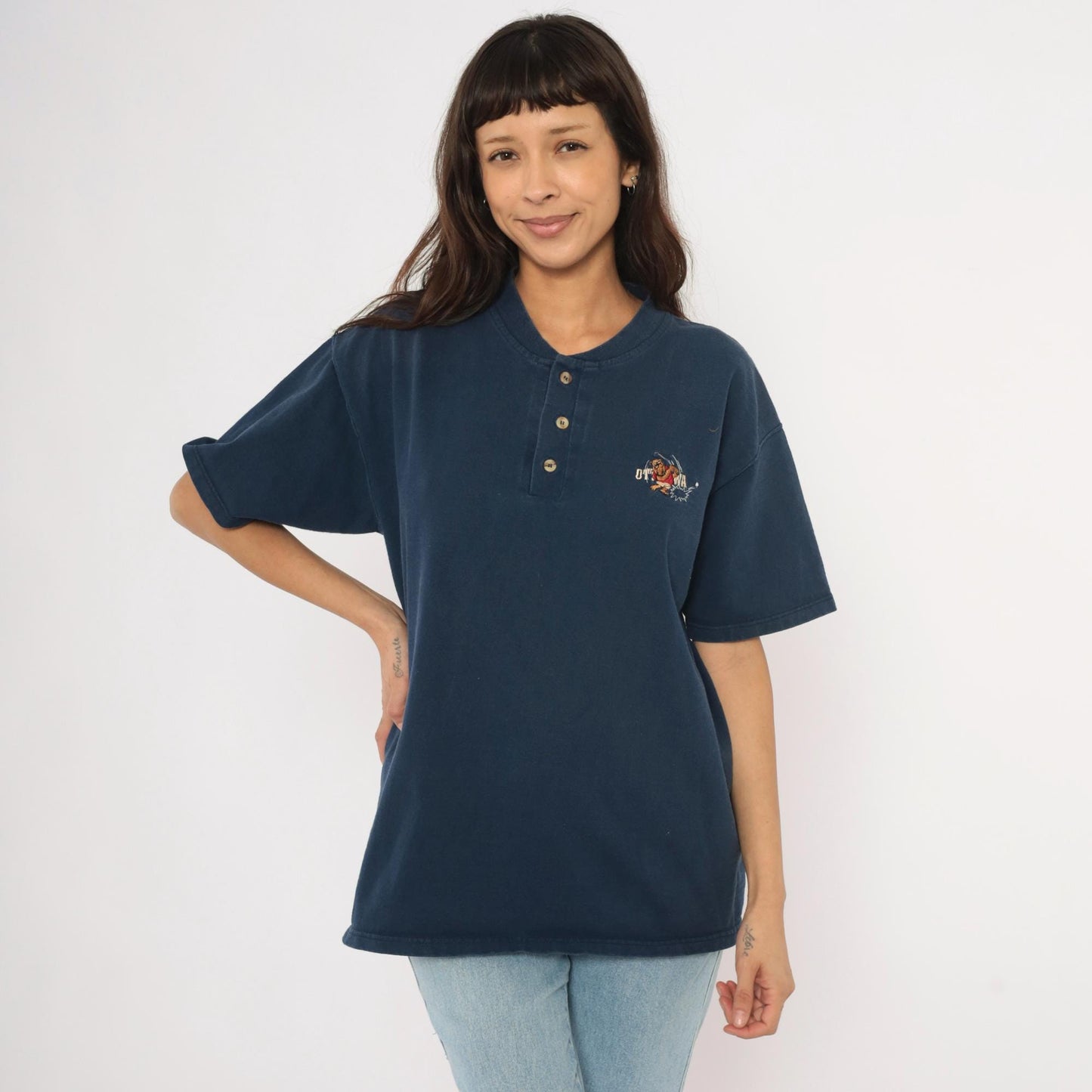90s Powersport by Oneita Navy Henley Embroidered Bulldog Golf Graphic Large L