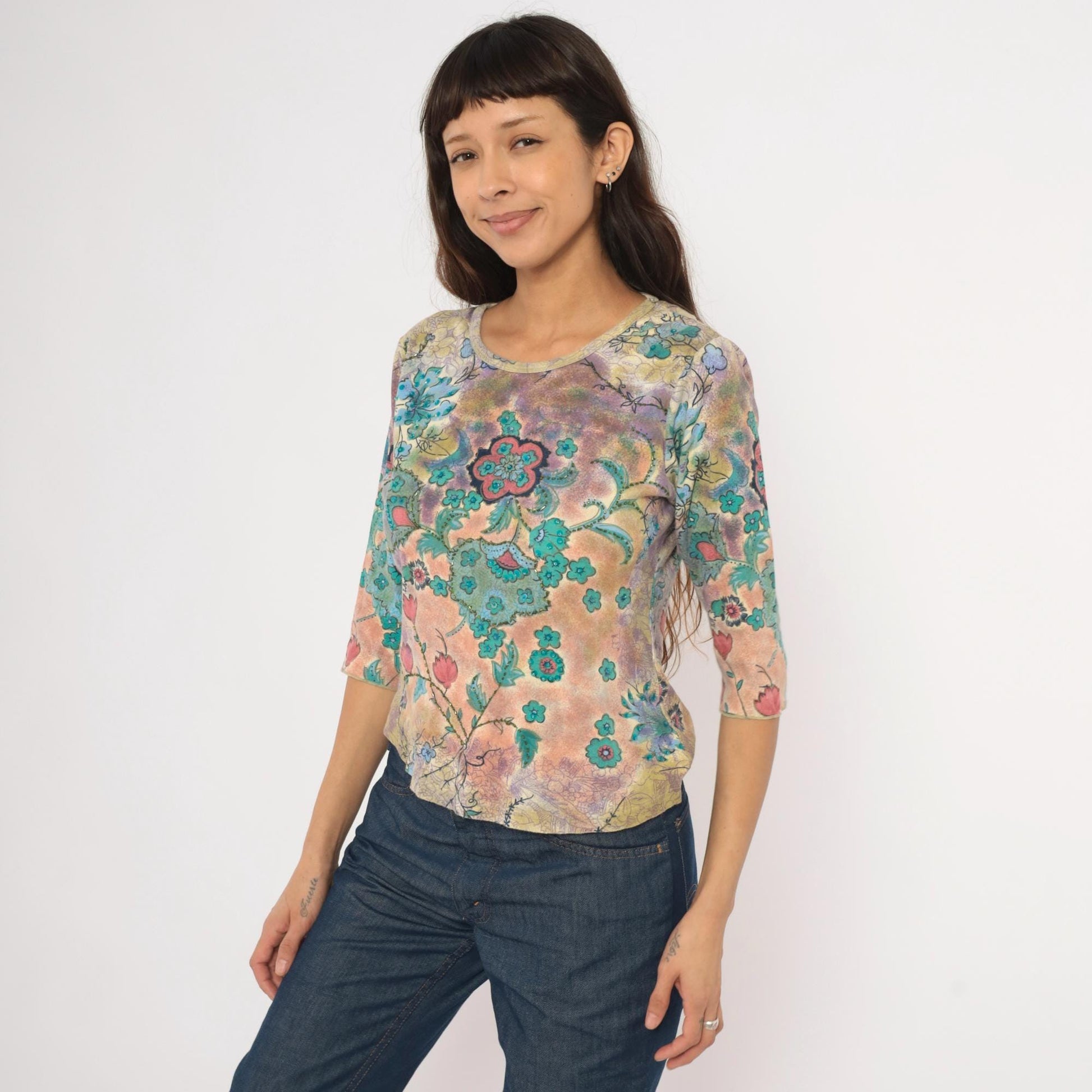 Y2K Watercolor Floral Sequin Top Three Quarter Sleeve Teal Rose Lavender Small S