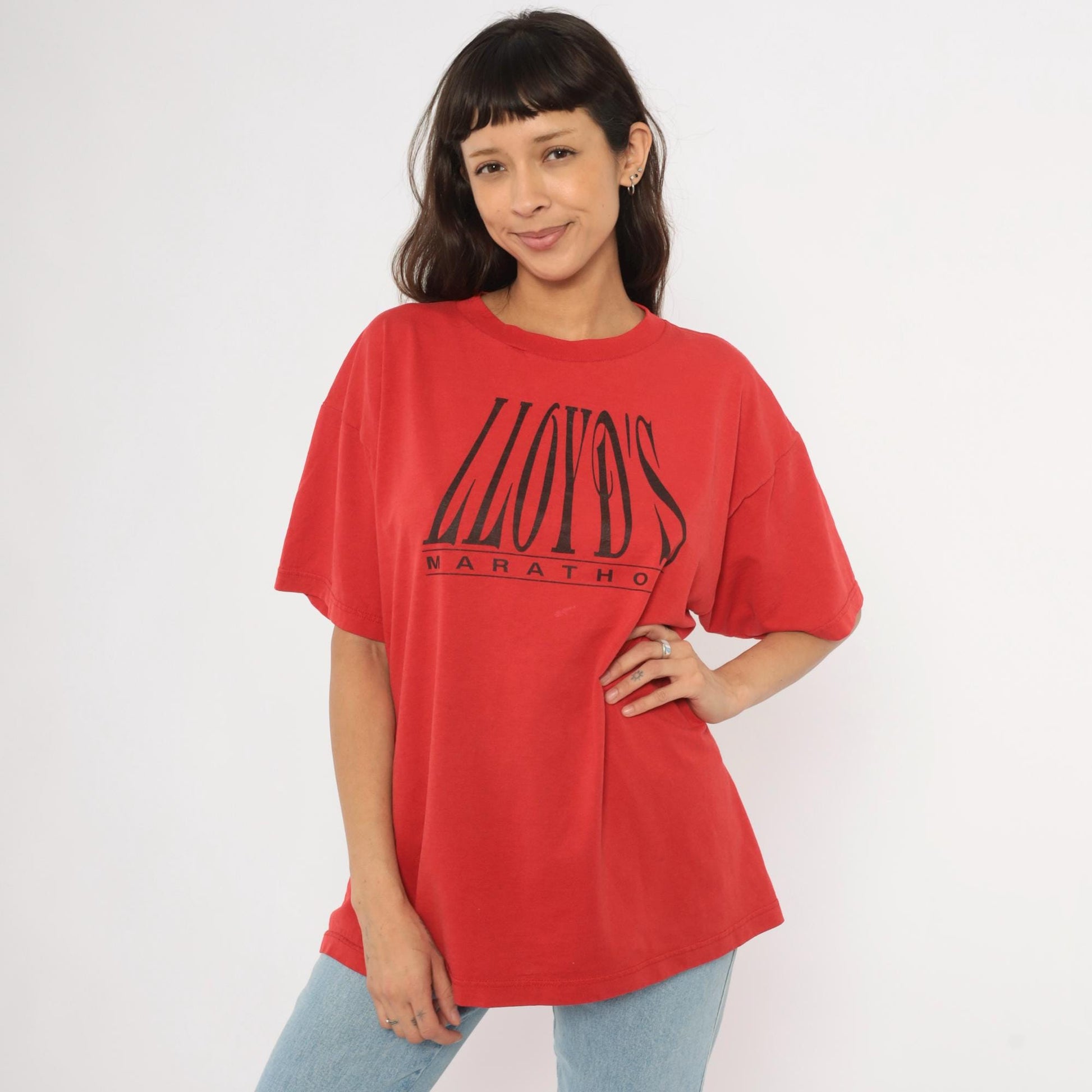 90s Lloyd's Marathon Tee Fruit of the Loom Red Graphic Coach Crewneck Extra Large XL