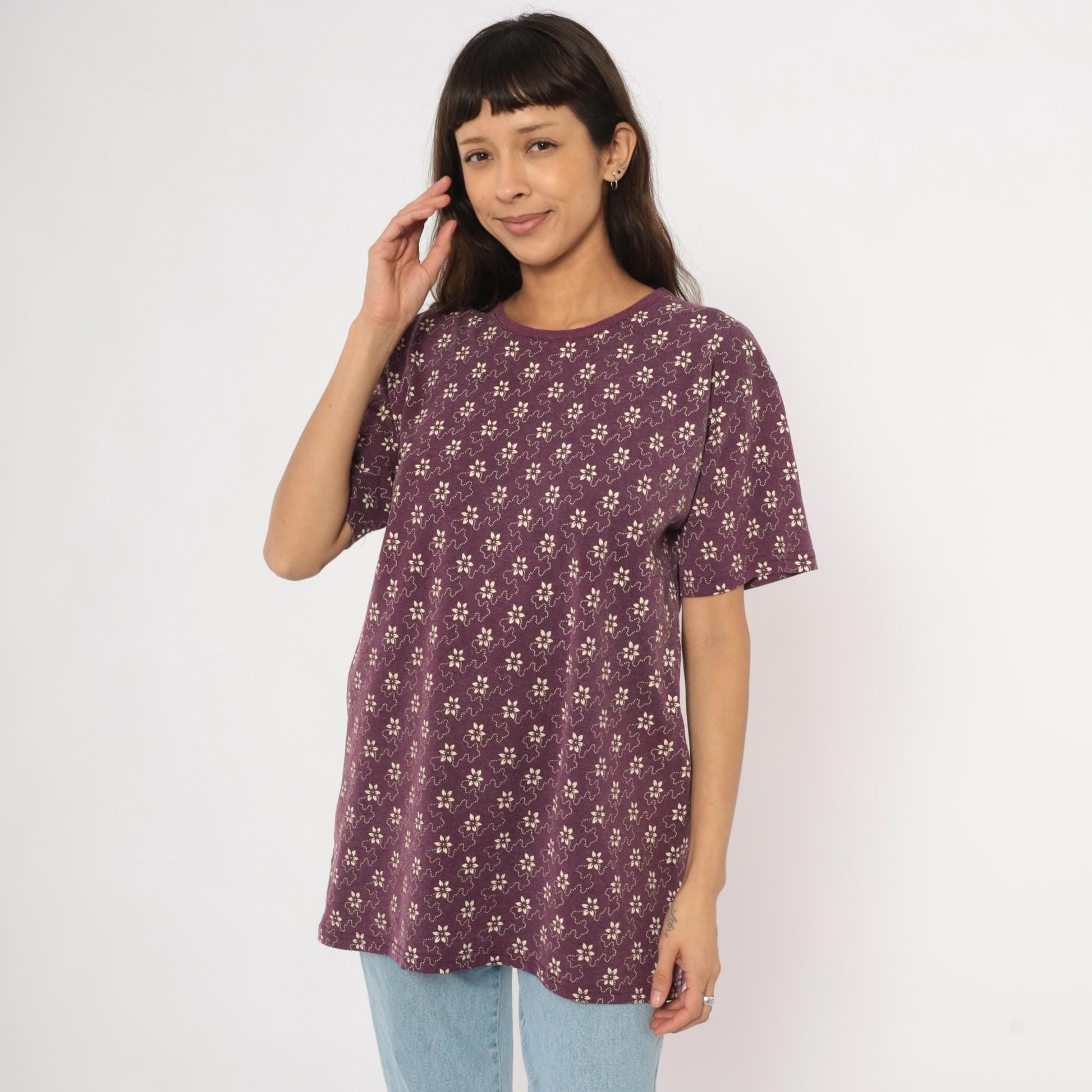 90s Kavio Designs Floral Tee Plum Ditsy Print Cotton Tunic Large L