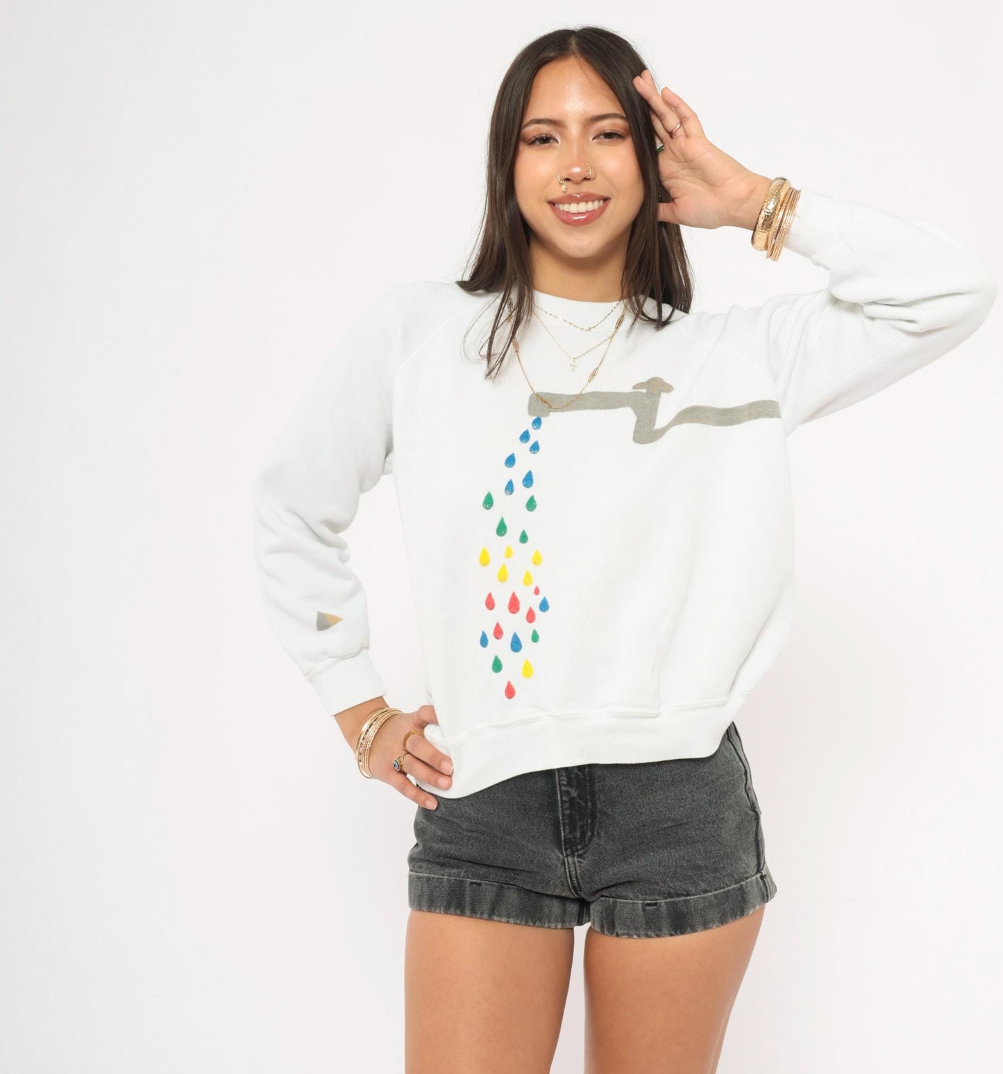 90s Basset Walker White Crewneck Sweatshirt Faucet Raindrop Graphic Raglan Small