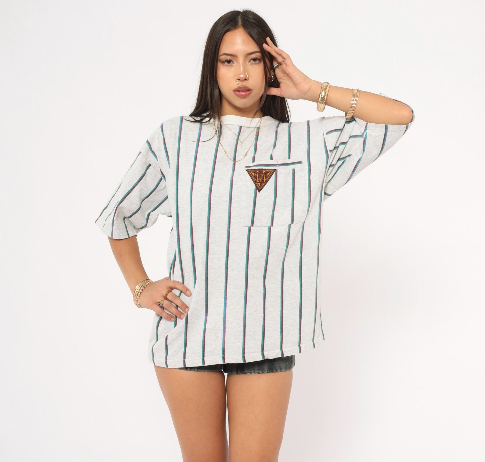 90s Striped Polo Shirt Grey Teal Burgundy Vertical Stripe Cotton Large L