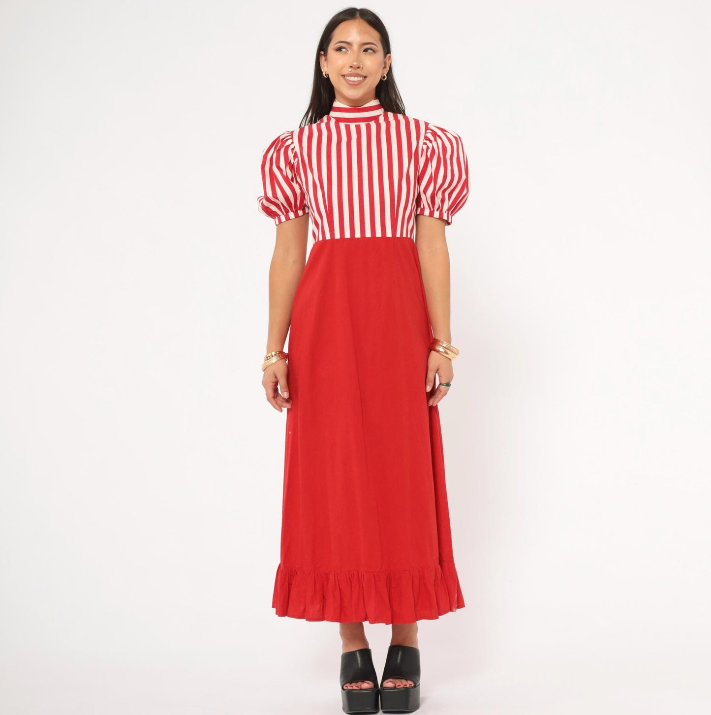 70s Red White Striped Cotton Maxi Dress Puff Sleeve Empire Waist Medium M