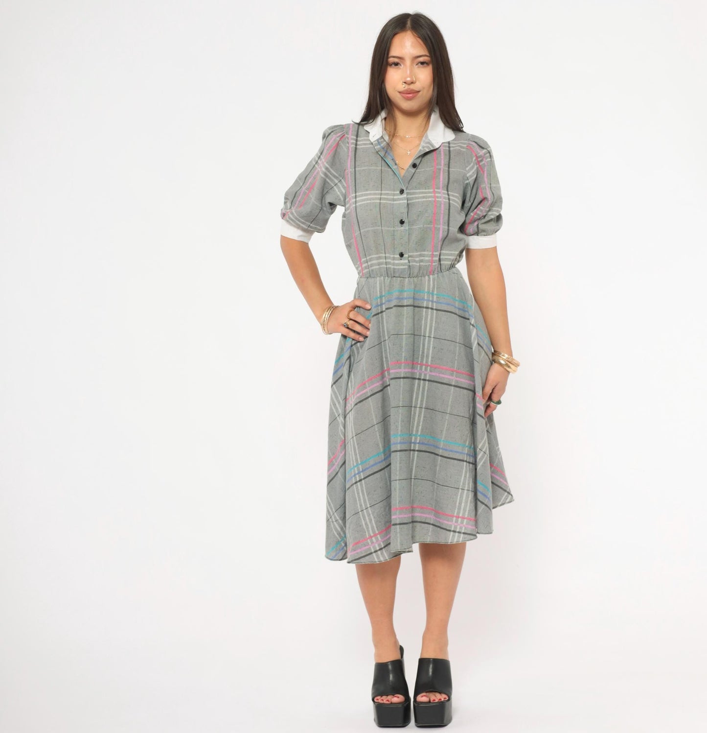 80s Grey Plaid Shirtdress Puff Sleeve White Collar A-Line Small