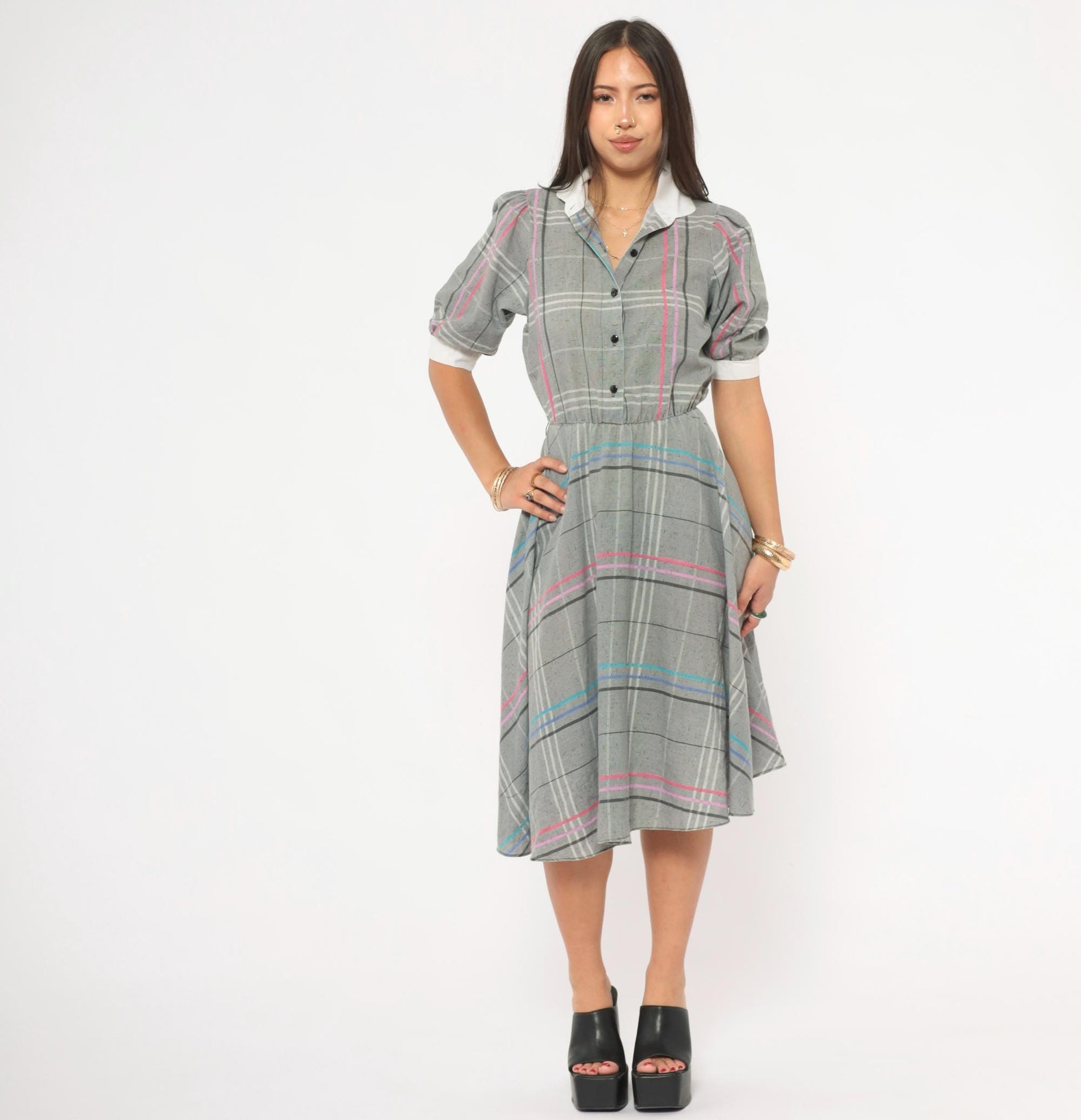 80s Grey Plaid Shirtdress Puff Sleeve White Collar A-Line Small