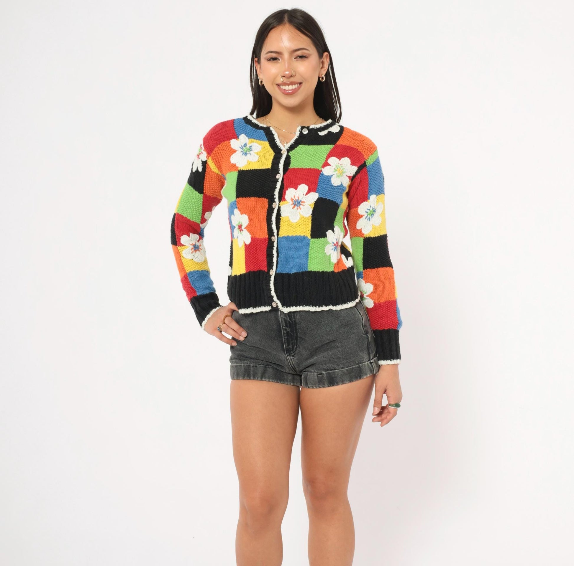 2000s Susan Bristol Patchwork Cardigan Colorblock Floral Applique Small S