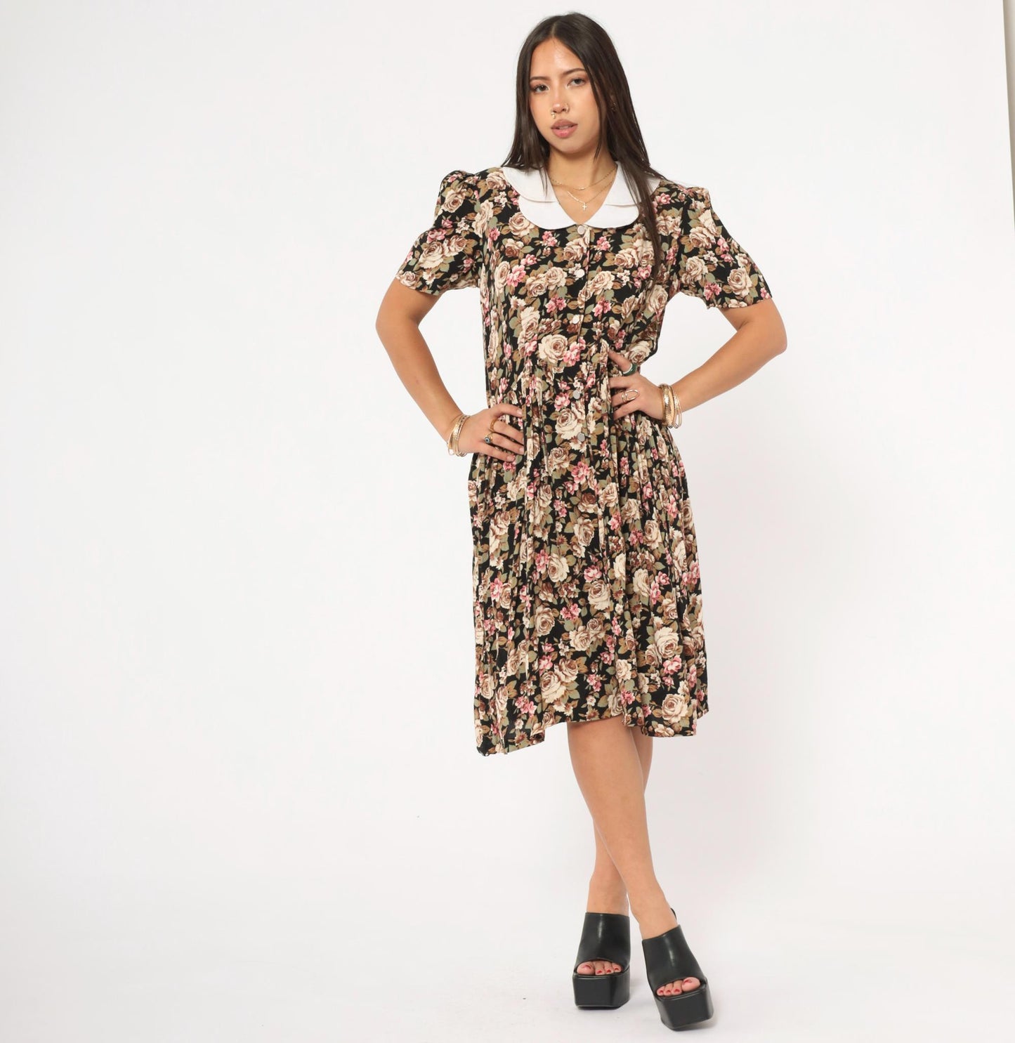 90s Black Floral Peter Pan Collar Dress Button Front Knee Length Medium M