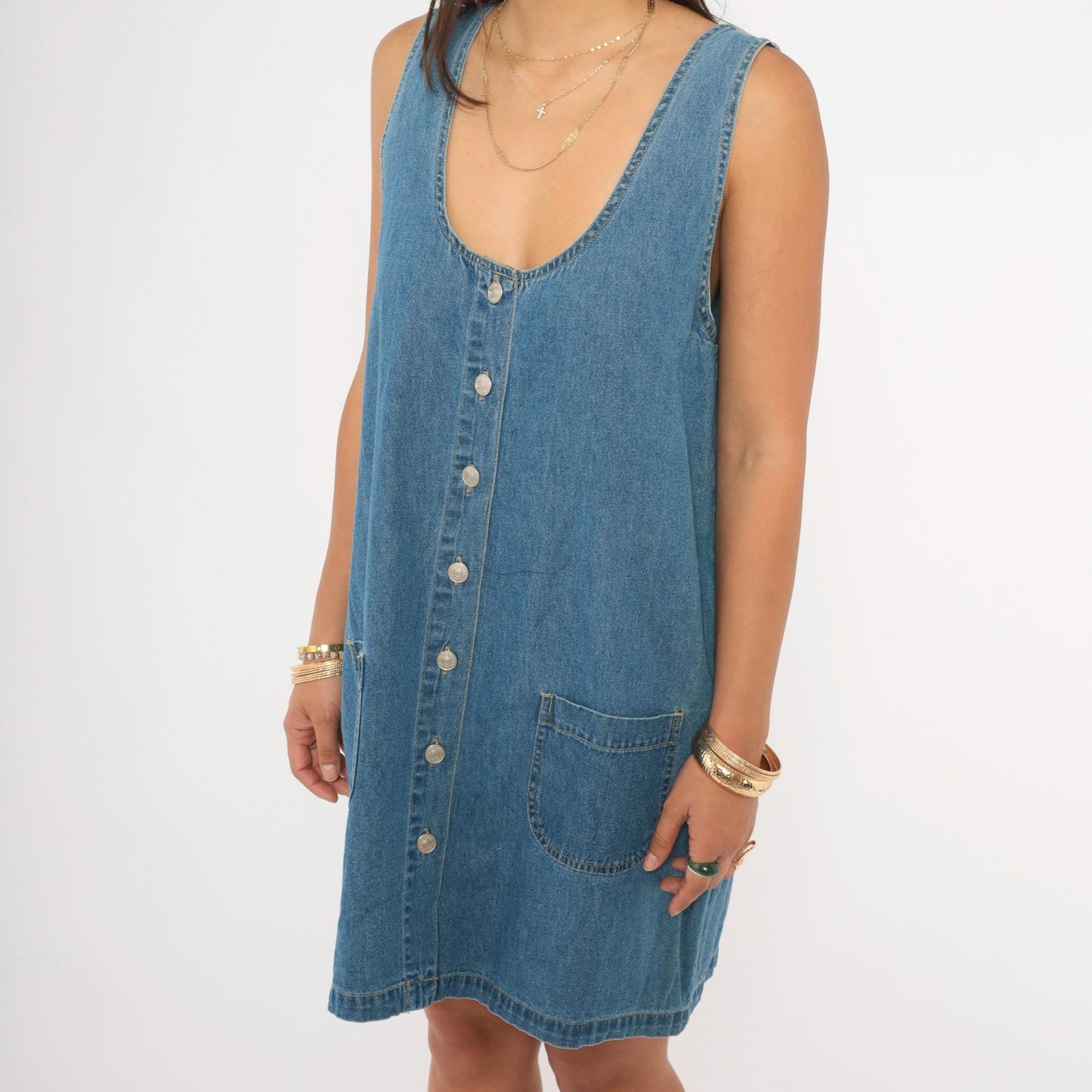90s Cherokee Denim Jumper Dress Button Front Mini Blue Chambray Large L