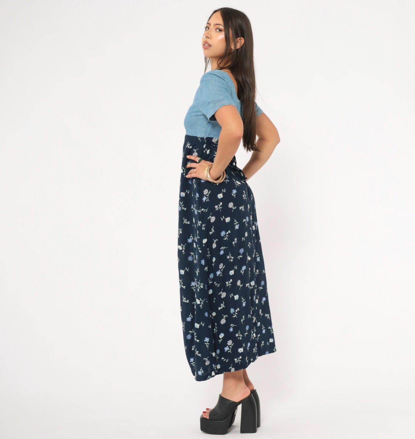 90s Express Denim Floral Maxi Dress Navy Empire Waist Button Front Small