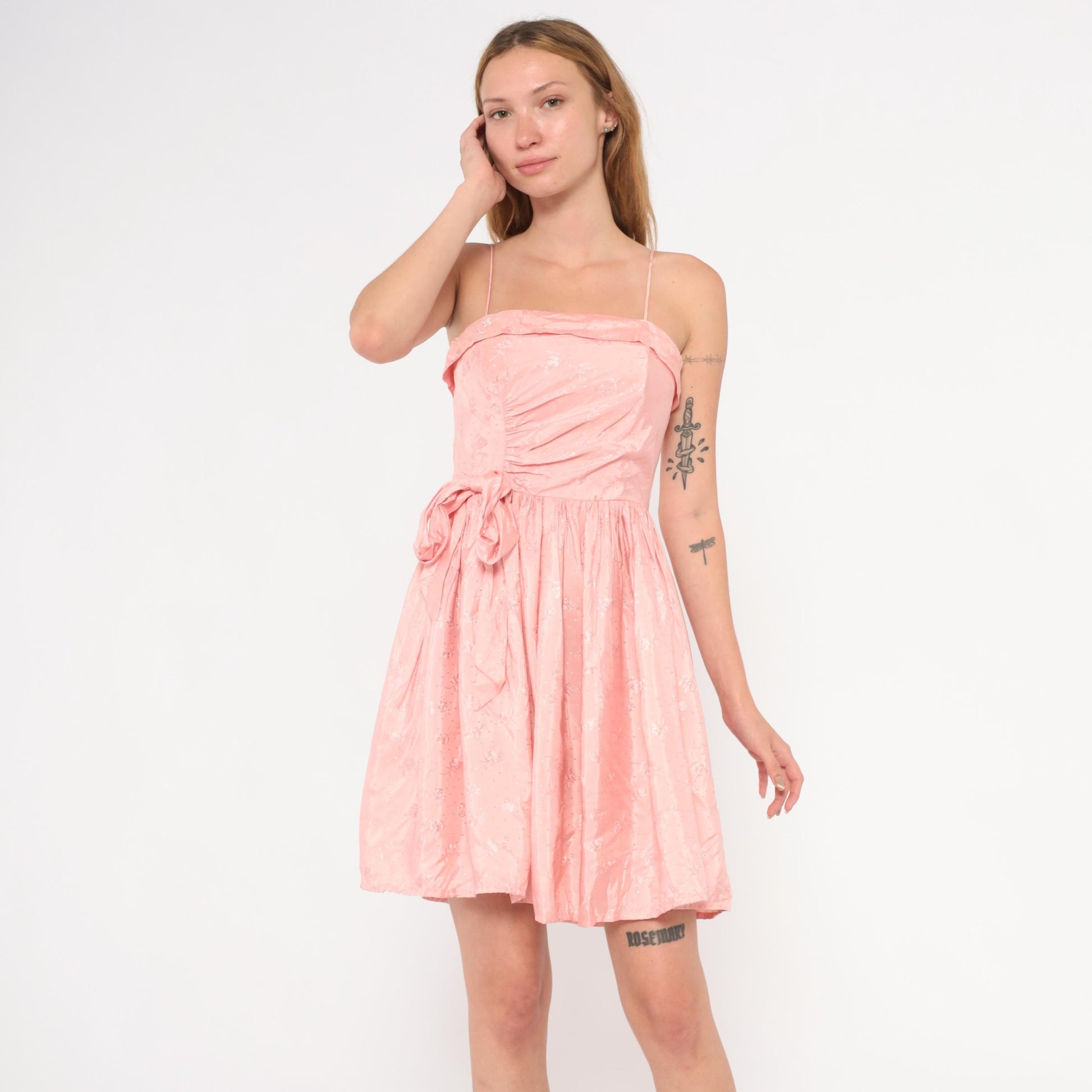60s Pink Mini Dress Ruched Bodice Bow Waist Gathered Skirt Extra Small XS