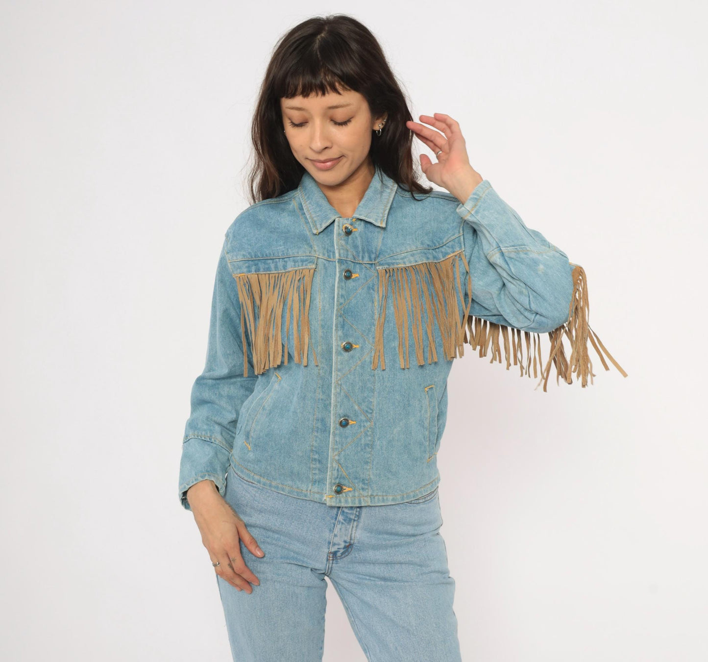 90s Morganwear Denim Jacket Suede Fringe Light Wash Lace-Up Back Medium M