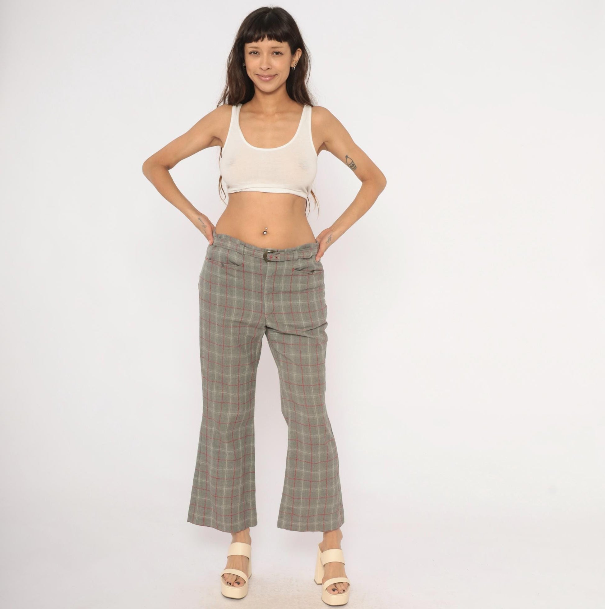 70s Grey Plaid Wool Blend Kick Flare Pants Red Windowpane Low Rise Medium M