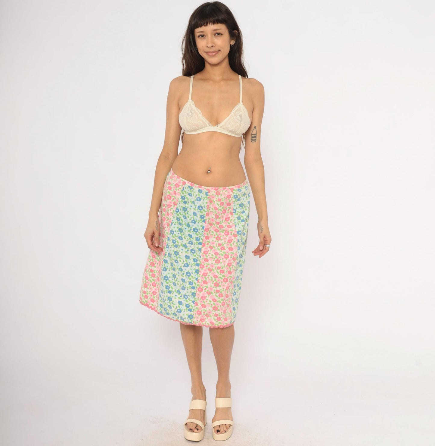 70s Floral A-Line Skirt Pink Blue Green Cotton Knee-Length Large L