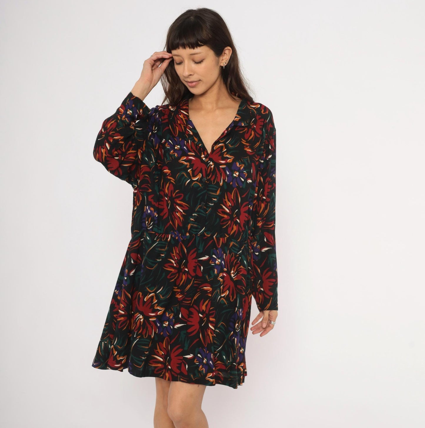 90s Sue Brett Collection Floral Mini Shirt Dress Black Burgundy Extra Large