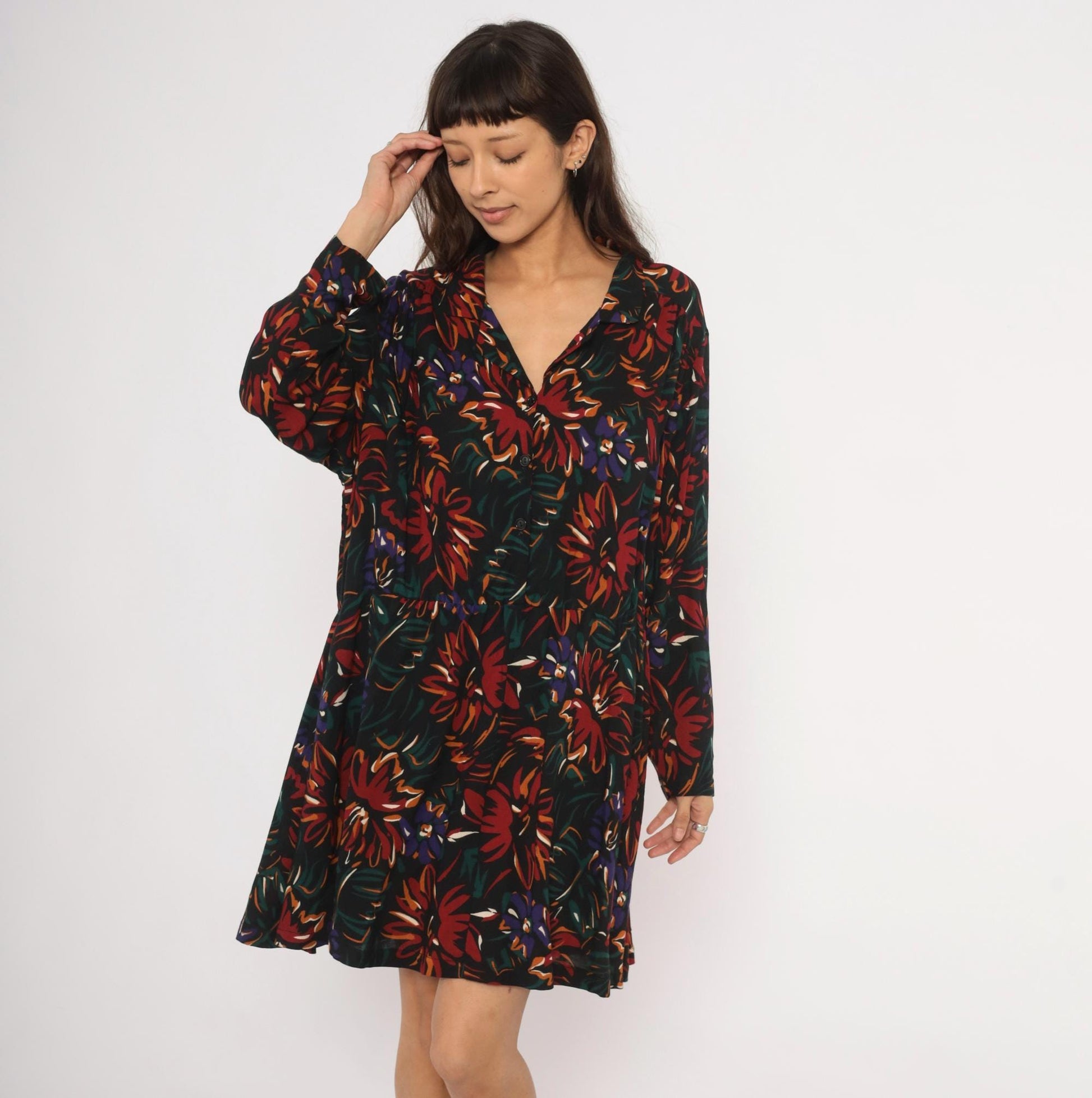 90s Sue Brett Collection Floral Mini Shirt Dress Black Burgundy Extra Large