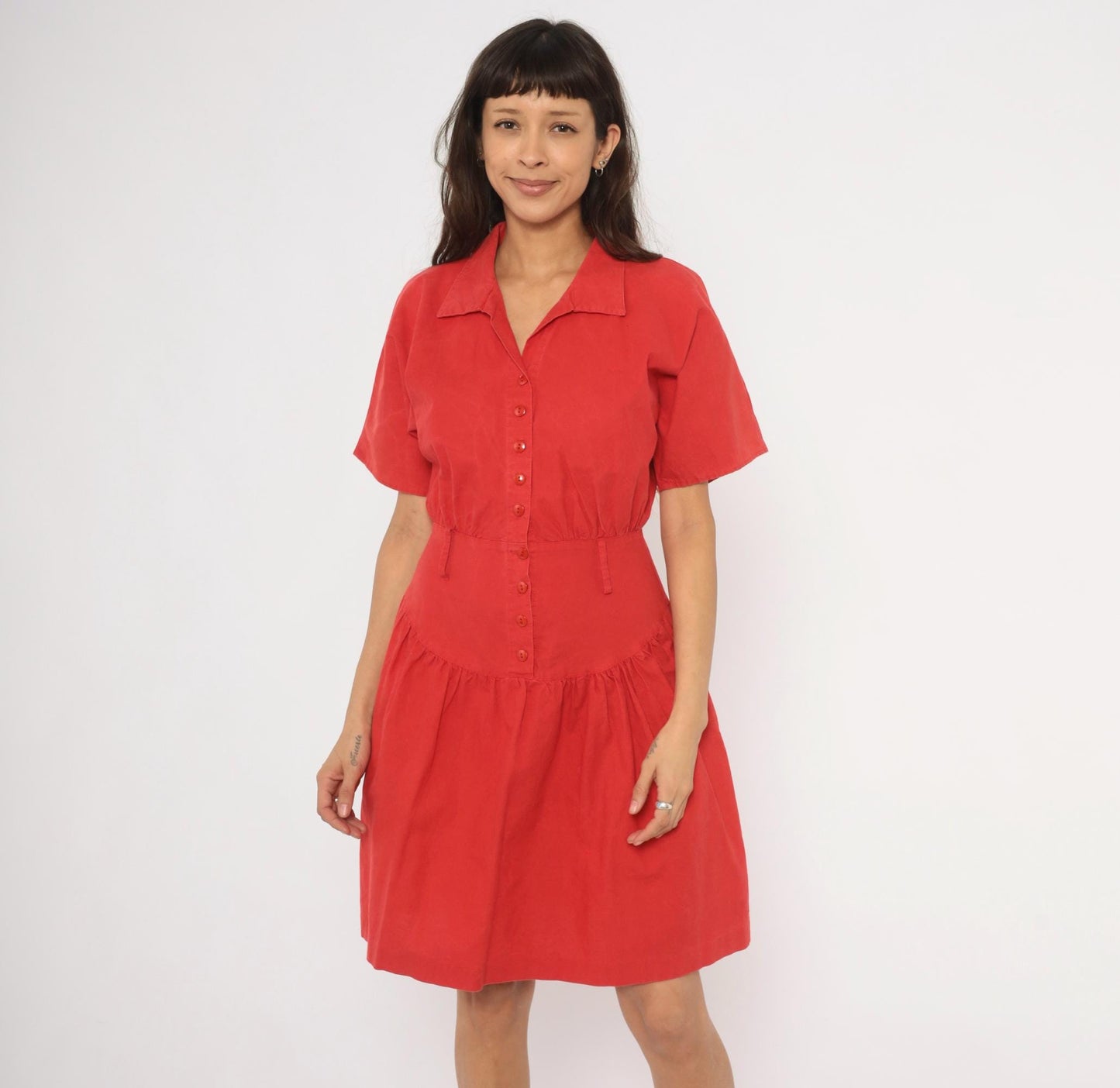 90s Wild Dress Red Cotton Shirtdress Drop Waist Gathered Skirt Medium M