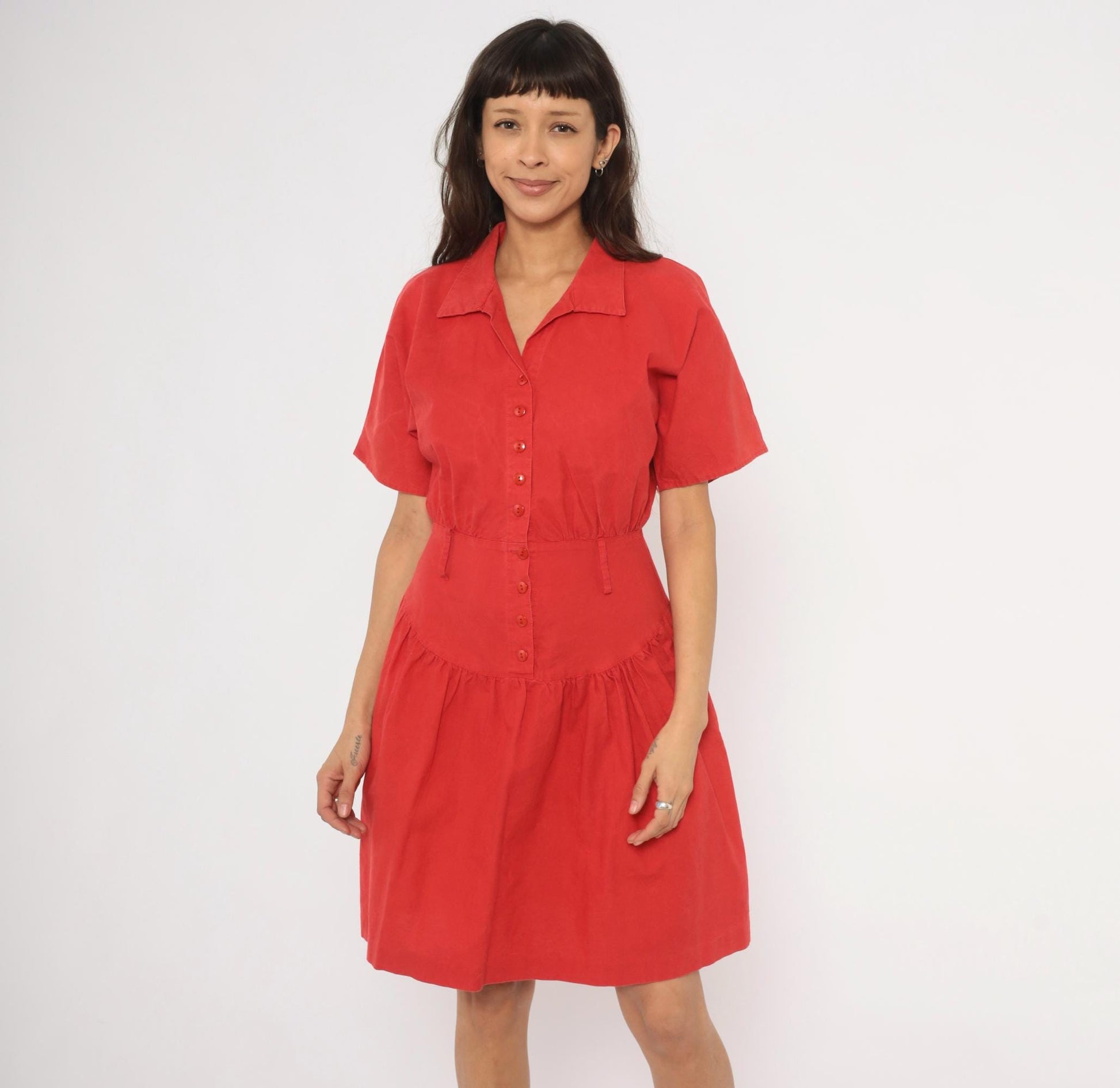 90s Wild Dress Red Cotton Shirtdress Drop Waist Gathered Skirt Medium M
