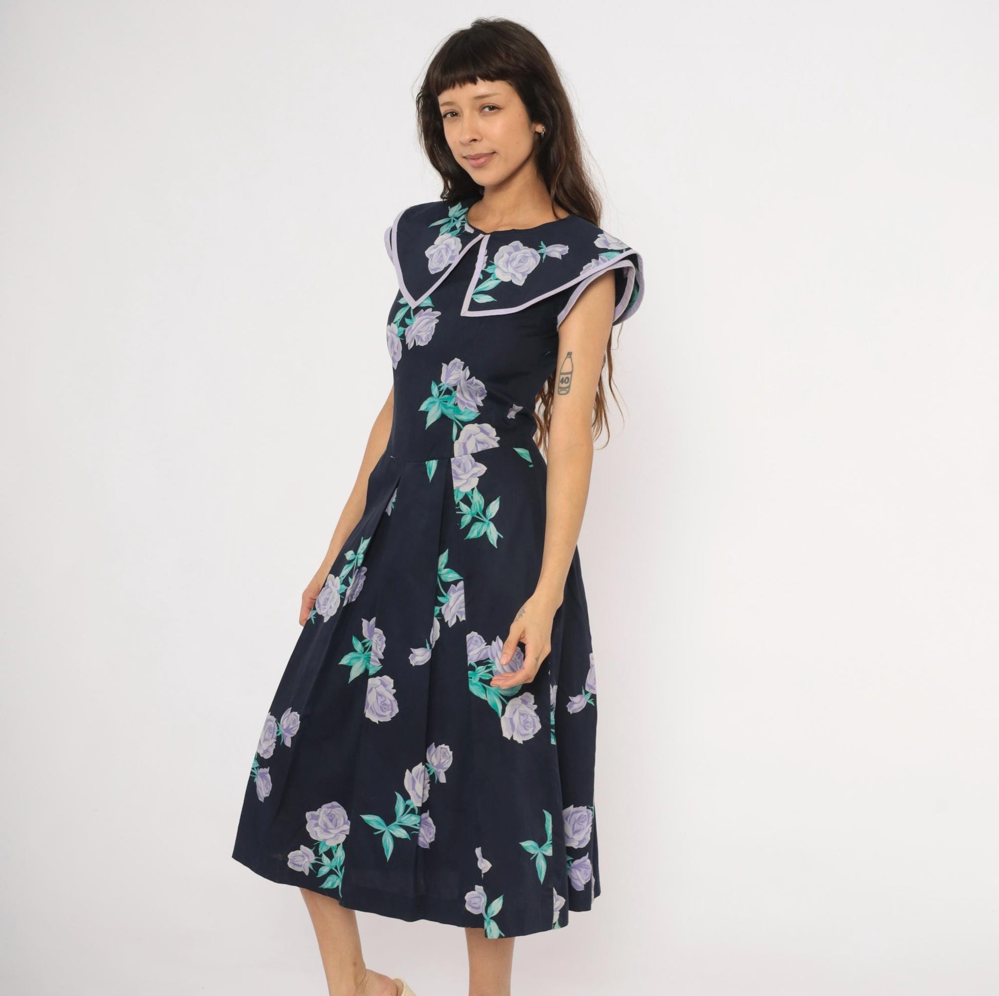 80s Kathryn Conover Floral Midi Dress Sailor Collar Cotton Purple Rose Extra Small XS