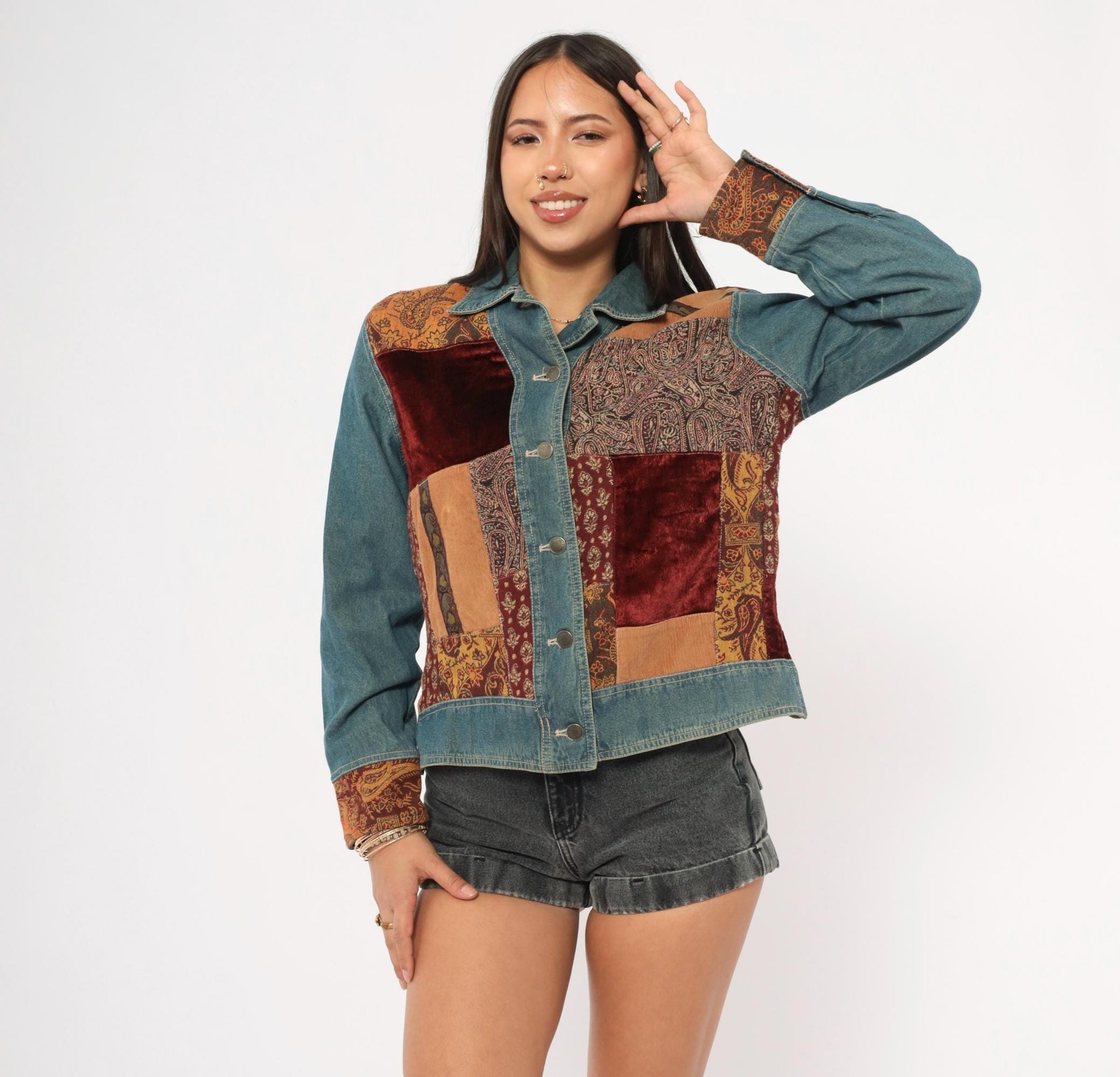 2000s Out Of The Blue Patchwork Denim Jacket Velvet Corduroy Paisley Small S